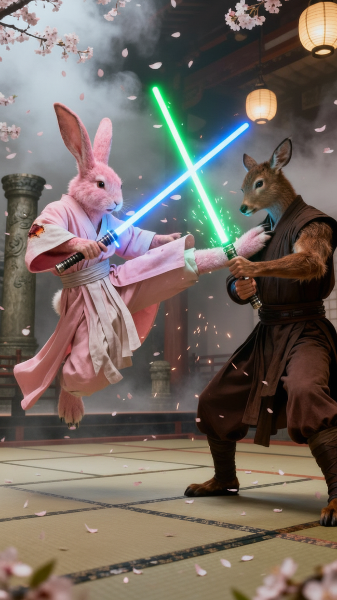 2 jedi a pink Kimono Rabbit jedi and a slim shaolin buck jedi, about to strip light sabers together this scene should show ligh sabers about to hit, The Buck jedi swings and cuts the rabbit on the arm , the rabbit delivers a kick to the jedi from the bottom angle, all scenes show mid action, realistic fur, detailed skin