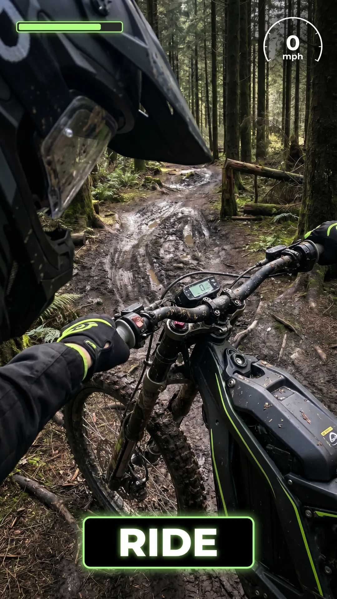 pov view of guy on a dirt bike Moving at high speed in in a muddy forrest he has to dodge the trees he should go through 3 sets of tree hurdles then add one fail scene and oone completion scene where he goes up a muddy ramp then soars in the air in victory