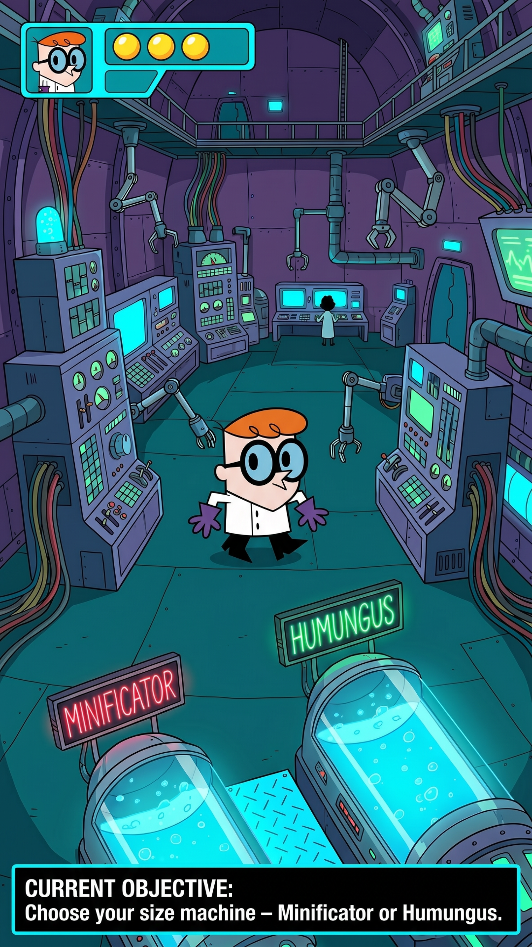 Update: 'update this as it feels rushed we didnt get the scemn of dexter enter the park both huge and small and didi get the scene where , dee dee hides the remote in the first place , the user playing the game will have no incentive
', Original prompt:'Dexters Laboratory , , dee hides dexters all controlling remote in the park , Dexter enters his laboratory, he and walks up to 2 machines (Minificator and Humungus), user chosses the minificator and dexter is tiny walking into the park looking around , then he is gettting chased by an ant , but deedee helps him while laughing at him saving him from the ant , choosing Humungus dexter is as tall as a sky scrapper walking into the park every body is running then he spost the remote and steps on it , then he screams dee dee , dee dee starts laughing , then he picks her up with one hand and she looks scared '