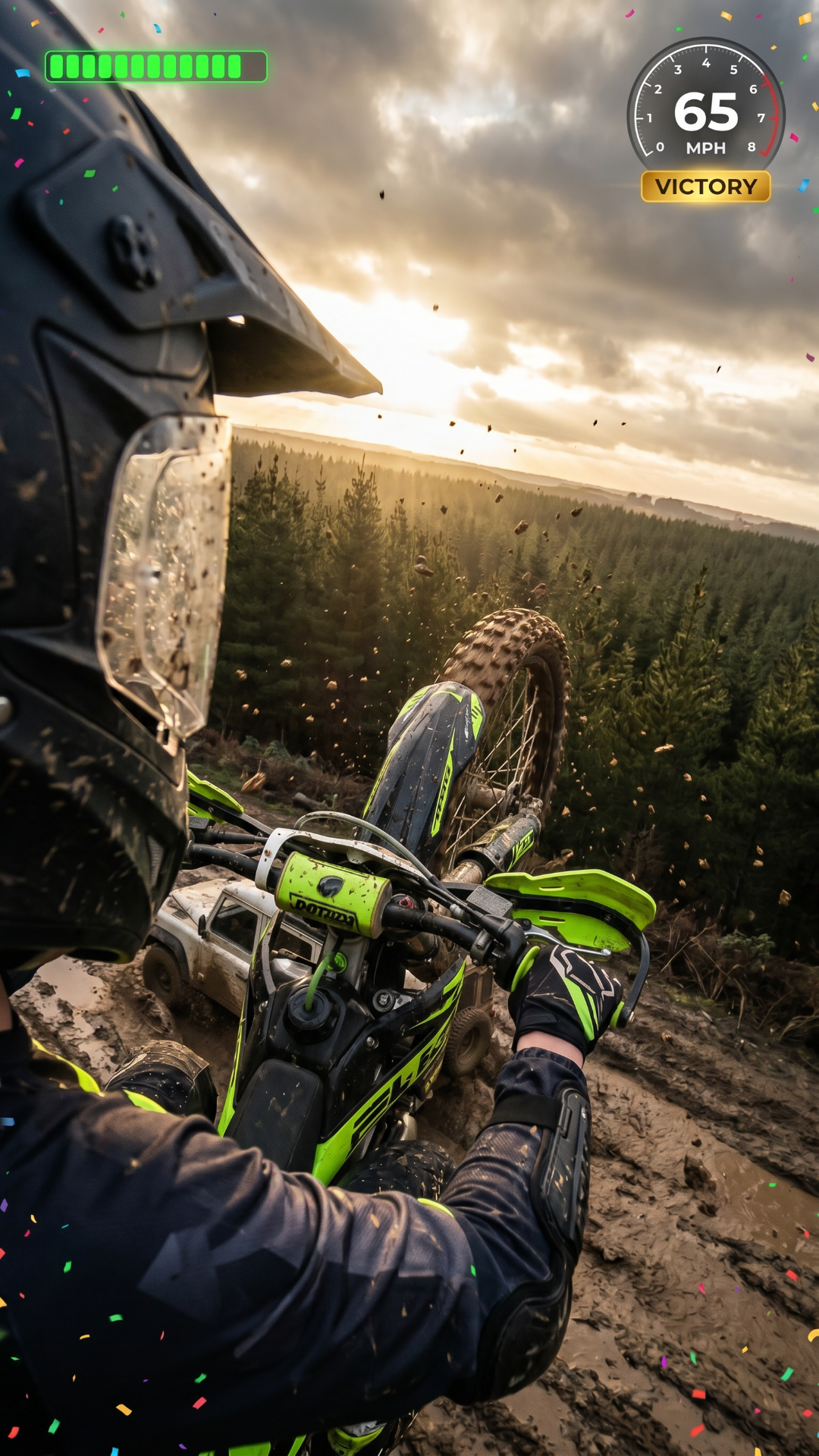 pov view of guy on a dirt bike Moving at high speed in in a muddy forrest he has to dodge the trees he should go through 3 sets of tree hurdles then add one fail scene and oone completion scene where he goes up a muddy ramp then soars in the air in victory