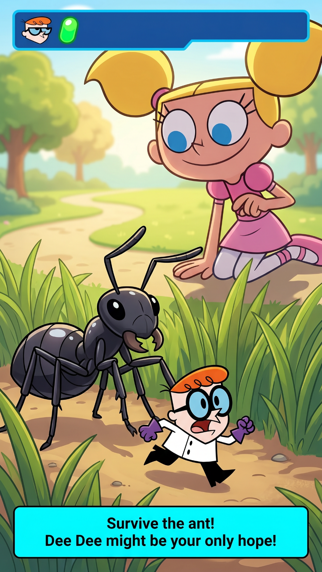 Update: 'update this as it feels rushed we didnt get the scemn of dexter enter the park both huge and small and didi get the scene where , dee dee hides the remote in the first place , the user playing the game will have no incentive
', Original prompt:'Dexters Laboratory , , dee hides dexters all controlling remote in the park , Dexter enters his laboratory, he and walks up to 2 machines (Minificator and Humungus), user chosses the minificator and dexter is tiny walking into the park looking around , then he is gettting chased by an ant , but deedee helps him while laughing at him saving him from the ant , choosing Humungus dexter is as tall as a sky scrapper walking into the park every body is running then he spost the remote and steps on it , then he screams dee dee , dee dee starts laughing , then he picks her up with one hand and she looks scared '