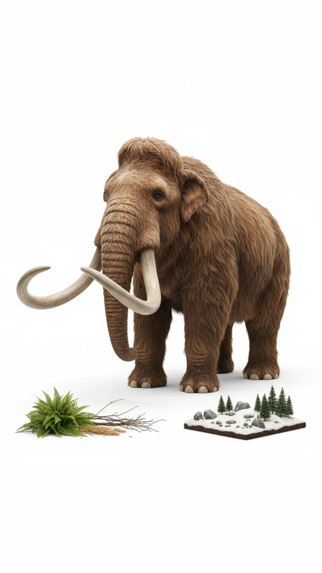 Topic is woolymamoth , show the mamoth in a display with a white background left side show some of the food it normally eats , right side show a tiny mini replica of the mamoth habitat both on the floor in this display , next mammoth eating the food refrenced earlier and last image mammoth entering the habitat we refrenced earlier on scene two change environment to by the river from model at night time , on scene 3 change environment to where the mamoth sleeps with its mamoth family