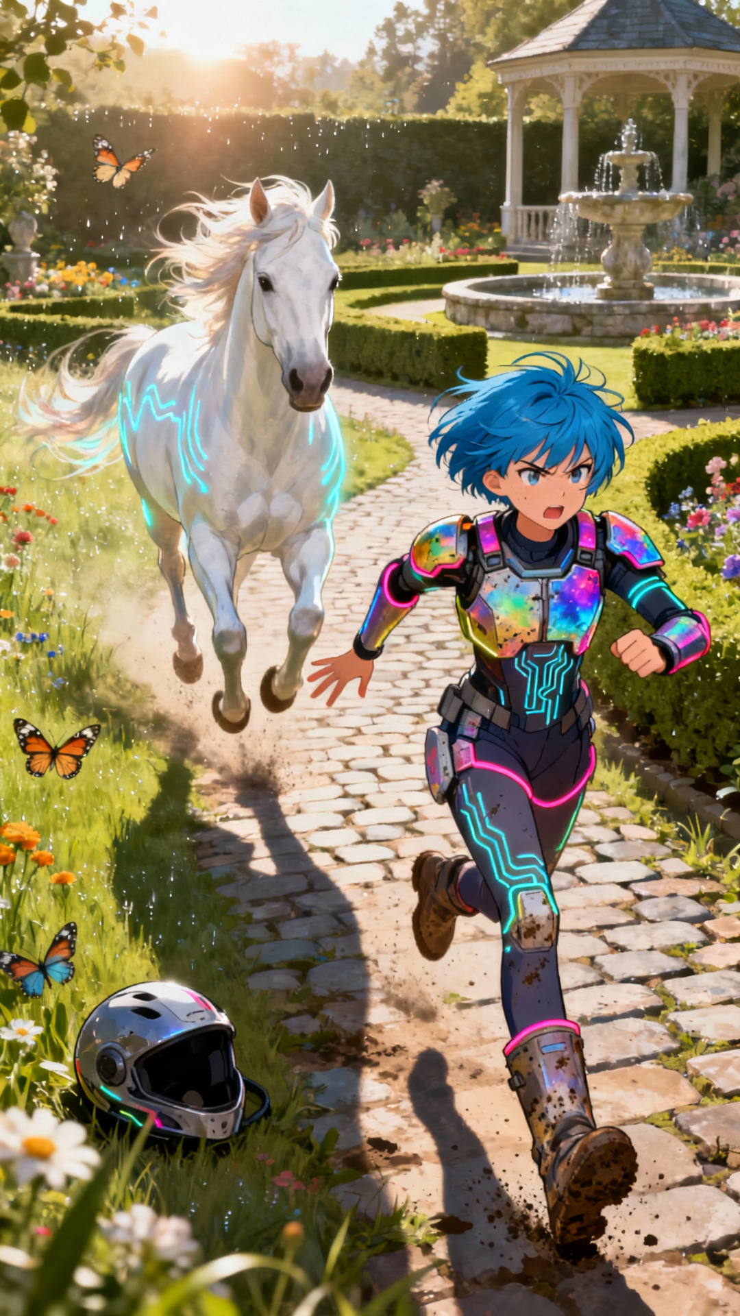 1, a ready player 1 type girl with coloful armor chasing a white horse(she is on foot) in a beautiful meadow and garden location , 2 she is riding the horse same location 3 she stands frustrated as the horse runs away