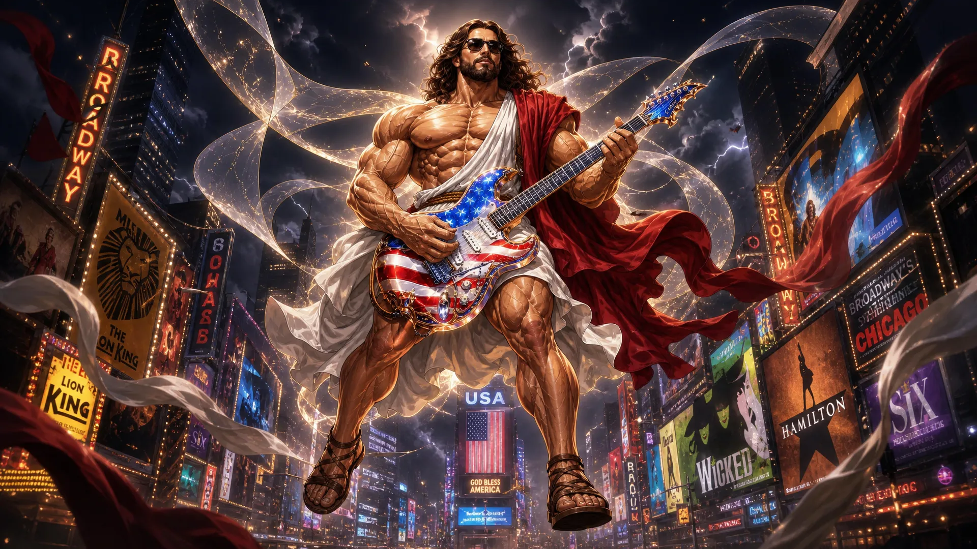 This is a highly passionate and energetic music Video with the topic being a very Muscular  and Huge jesus christ with a very big chest and massive arms appear in the world Cup staduim , on a stage the stage literally animmates from thing air in the stadium, then  a very Muscular  and Huge jesus christ is seen wearing his normal Robe garmet but with rebans glasses on and a usa all color heavenly guitar then he perfroms the intro of the song the crowd looks amazed in awe , some want to cry , then we me through the song with jesus in multiple scenario in a very high extreme intensional passion and extremely music and emotional high impact set of scenes as jesus came to perform this song in his quest for peace , external song will be added so this is in general a visual construction constraints for all multiple scenario scenes will be provided. JeSUS CHRIST has a guitar named Calibri(Guitar Calibri is all american flagged colored and has a heavenly look) song style from suno:'Arena rock anthem with a driving 4/4 beat at 130 BPM in the key of E major, Distorted electric guitars play palm-muted eighth-note power chords in the verses, opening up to sustained chords in the chorus, A prominent synth lead with a saw-wave texture doubles the vocal melody during the hook, The drums feature a heavy kick on every beat with a gated reverb snare on 2 and 4, A gritty bass guitar follows the kick drum pattern, Male vocals are delivered with a raspy, belt-style technique, supported by layered group harmonies in the chorus, The arrangement builds with rising synth risers and cymbal swells leading into the refrain' Scene 1: scene 1 this should have 3 stages , this will be an image with the outside of the stadium showing in a professional way and second shot should be a close up of the stage inside the staduim where jesus christ basically already half fazing in with his angelic band all (white scary looking and beautiful angels they have multi color filled eyes some have only bues hues etc some have all colors in eyes etc and look young and slender and long ) jesus christ half fazing in magically all white looking magic like whit beautifule shiny sandy dusts diamonds fazing in while holding his guitar and the rest of the band on their instrument they should be (3 angels) , then use the as a main as a main third stage jesus completely fades in then he starts singijng and dancing with his band emotionally and intensely , the beat just start and the instrument are going wild and the main attension is jesus christ here as he is doing a guitar solo intro the moment he is in view Scene 2: this has 3 stages he continues his guitar solo , finshes it then starts singing in the second stage he should walk close to the frame and sing to the frame very Upclose and personal (show he slightly far from the frame as a video model will be used on all scenes later as i would make the character walk to the frame then while sing for this scenario ) while he is singing i want realistic lo0king t rex dinosaurs to appear in with that white dust from the left and side of the stage these dinosaurs are all white colored and have gold hairs they have flours on their necks and are dancing intensely to the beats as they fazing in while jesus is still performing intensely Scene 3: he is still in the stadium performing the show and people in the crowd crying the jesus uses white dust and actually appears in Iran millary facility with mislles everywhere and small drones he is hovering and singing intensley while all of tarhanas soldiers all keeling just amazed in awe to see jesus all guns drop, jesus is still singing playing his guitar intensely with passion Scene 4: next He appears above new york on a beauitful spot in broadway singing intensely hovering , its afternoon and donald trump and president of china appear he looks at them while still playing his guitar as they acting like enemies , his face turns to a scary golden lion creation then they quickly hug (donald trump and chi jing ping) and jesus doing all this while still intensely playing his guitar and singing Scene 5: this now focusing on jesus as he is doing another solo in that same spot in newyork broadway but its evening time now there is heavy wind every where lights material and things things like around as the clouds get darker and thunder start striking in the skies all this while jesus still doing his guitar solo then at the end show a large silver rocket flying straight up into the skies with a big space X Logo on It Scene 6: Now Jesus Appears in The Stock Exchange and is singing intensley while money is every as all the stocks just keep going up people literally have money filling up the tables and blocking the way all numbers going up and jesus in the midel of this is sitted looking up and singing , then jeusu is seen performing and singing on skid row and the homeless people start getting clean white dust on their body each one of them a huge Gold bar magically appears in their hands Scene 7: next jesus is on a beach in Brazil , then Vladir mire putin and Zelenske of ukranie they appear he looks at them with that golden lionsih face again then they get scared and hugged themselves , then jesus stops playing for the first time as a boy was playing with a football then jesus starting playing football with the boy doing footstricks Scene 8: Here jesus hovers basically Up in the sky and he is back to playing his intrument and singing intensy he hovers so high every one could see him as he startied emitting light and it was dark , then jesus reach such intensity of the music he basic fazed himself into 6 places at once at the same time he was playing , locations in , africa, America, Australia, Asia, south america, Europe in all locations he was in while playing music massive proffits are being made money is coming in (like people have money running out of ther pockets cars and foods are replicating , houses are being replicated and given an heavenly look new stuctures are being created) Scene 9: then he finally goes back to the staduim in america it all started from his band is in the stage while he is on the field singing while still playing his trusted american flag colored guitar called 'Calibri ' and hamonizing with an heavenly choir as the are ending the somg as he plays the guitar in spaces and pauses they all scream [snare hits, full band enters] Ho! Ho! Ho! Ho!
Caption
