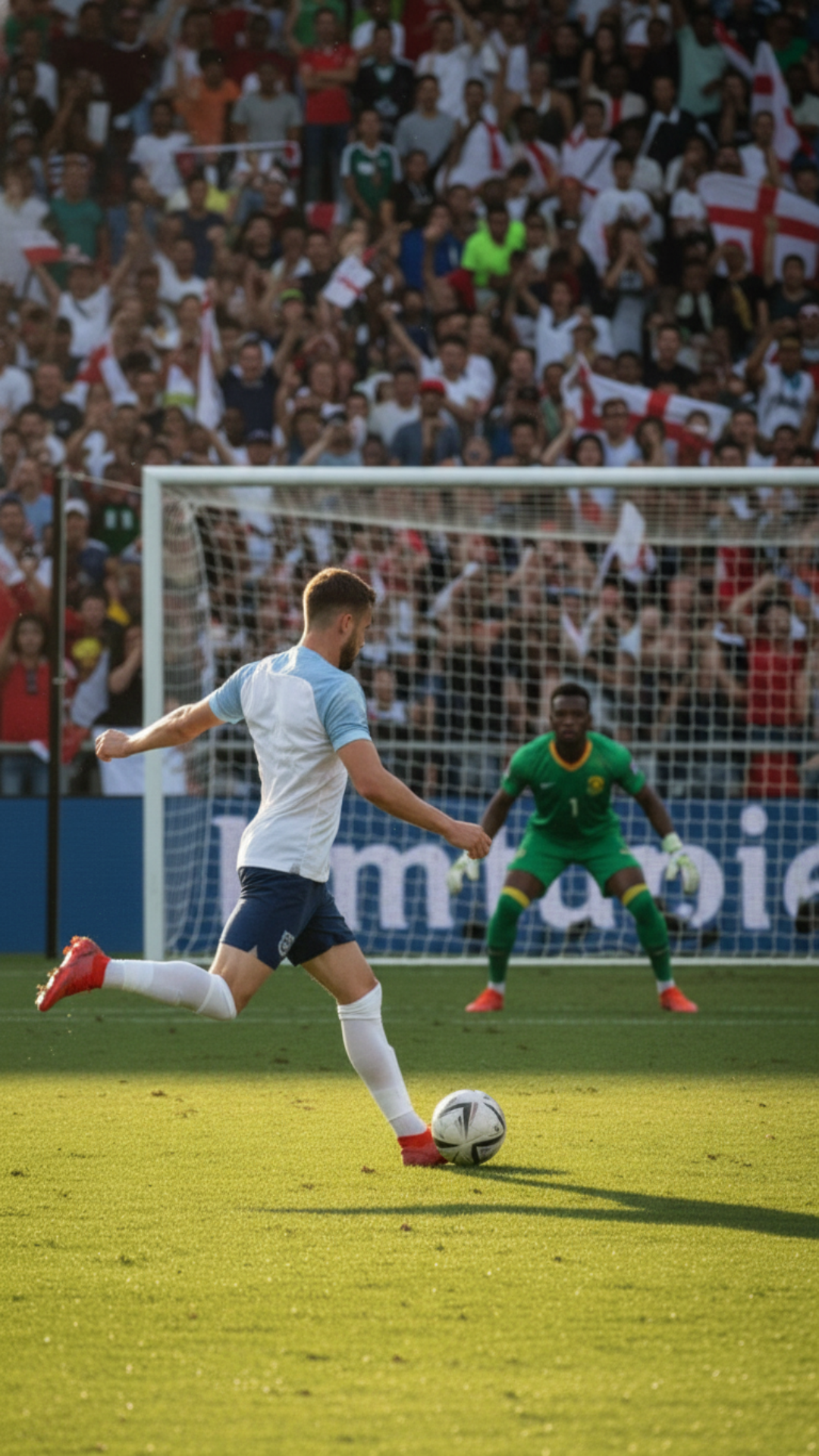 A Footballer(england) is about to take a penalty kick (3rd person video game style view with footballer's back to the frame) England vs SouthAfrica , he stands in front of the ball , he runs towards the ball about to kick right, e runs towards the ball about to kick it left