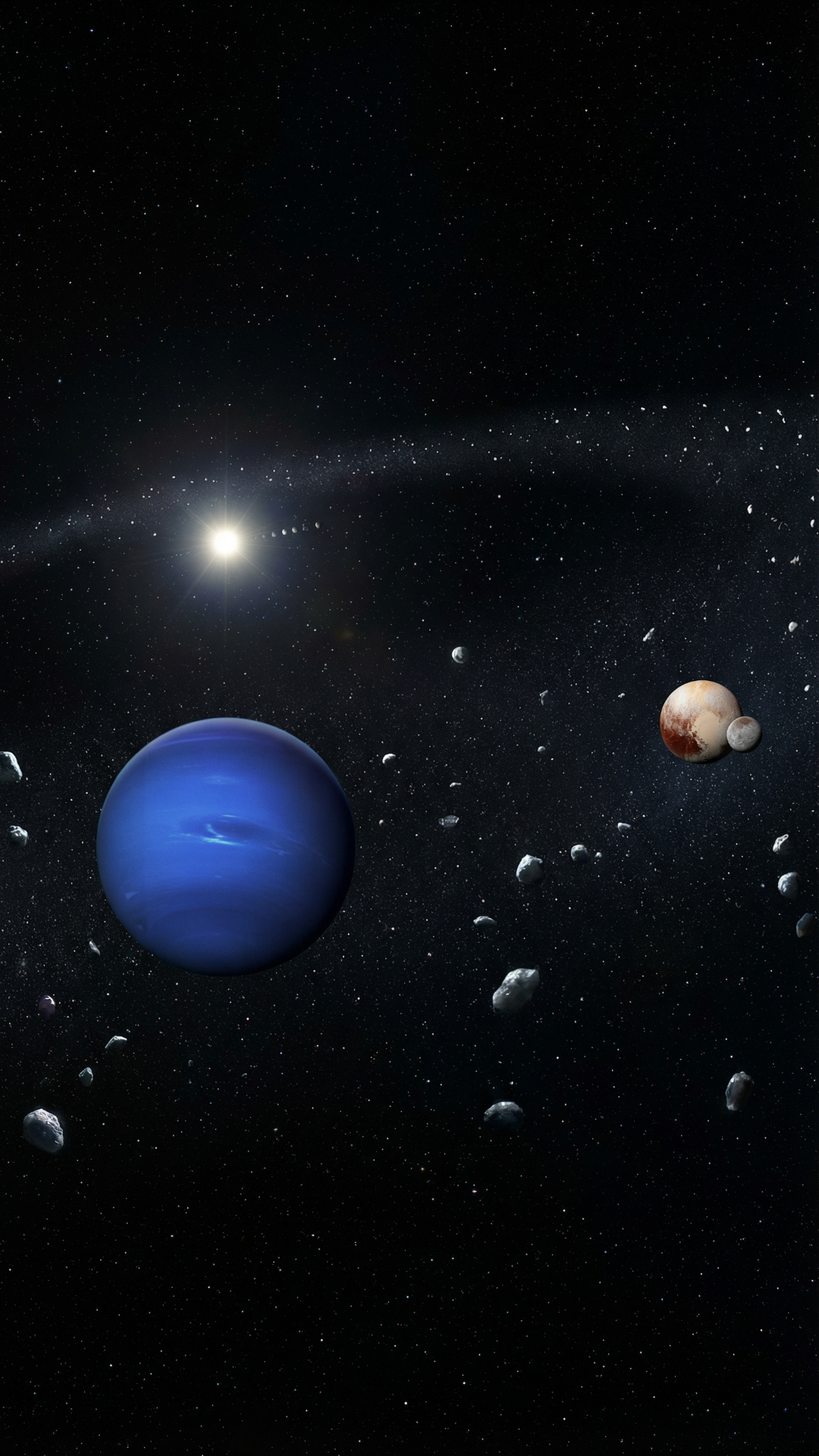 Show me the solar system from space , i want to see the full solar system going from the sun ,do this for all of planets or stars in the solar system that is relevant start from the sun to the edge of earths solar system create this interactive visual model , when showing any space entity/or planet make sure the next Planet or star is visible in the scene ,This is a Journey so we keep progression