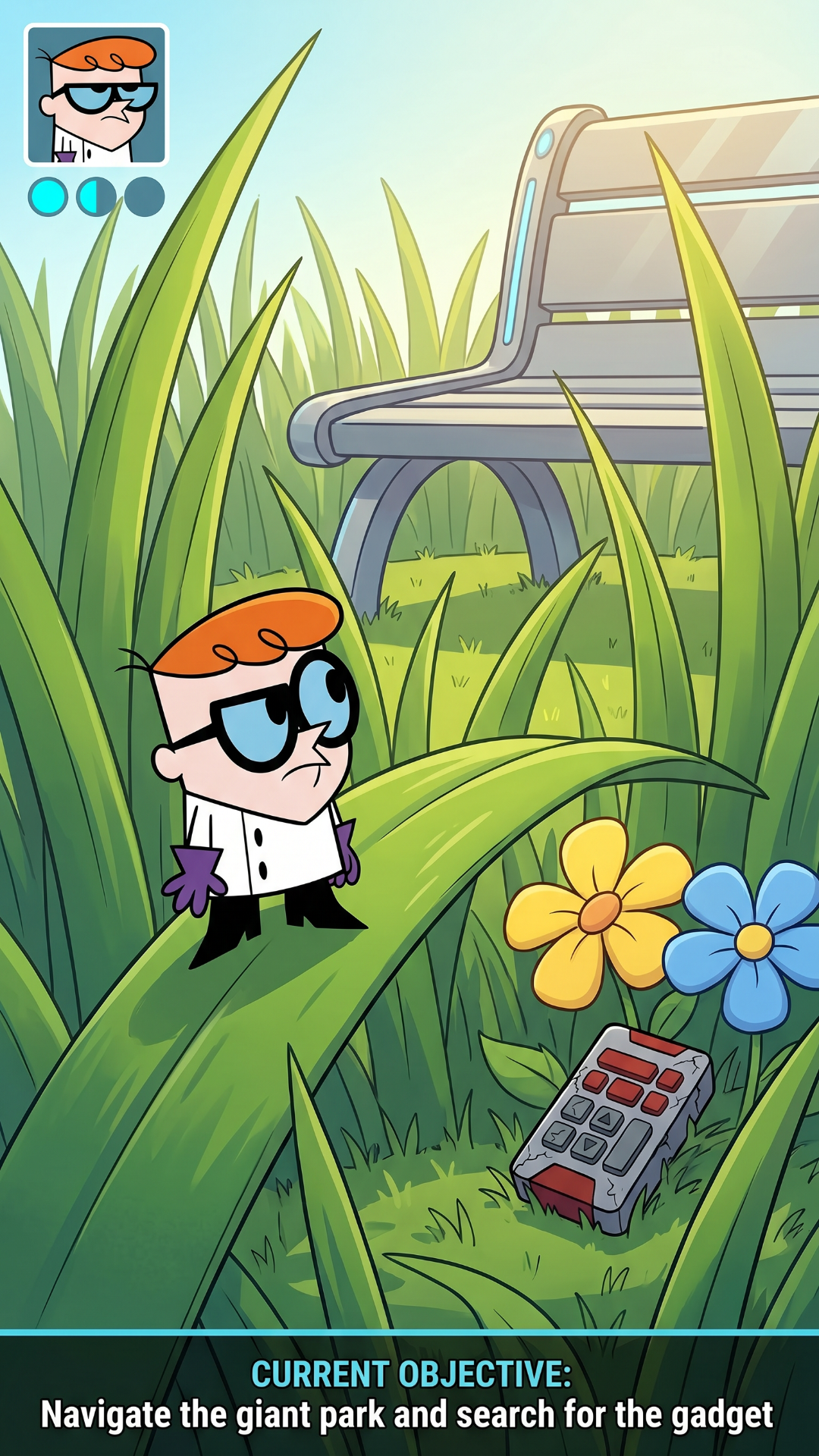 Update: 'update this as it feels rushed we didnt get the scemn of dexter enter the park both huge and small and didi get the scene where , dee dee hides the remote in the first place , the user playing the game will have no incentive
', Original prompt:'Dexters Laboratory , , dee hides dexters all controlling remote in the park , Dexter enters his laboratory, he and walks up to 2 machines (Minificator and Humungus), user chosses the minificator and dexter is tiny walking into the park looking around , then he is gettting chased by an ant , but deedee helps him while laughing at him saving him from the ant , choosing Humungus dexter is as tall as a sky scrapper walking into the park every body is running then he spost the remote and steps on it , then he screams dee dee , dee dee starts laughing , then he picks her up with one hand and she looks scared '