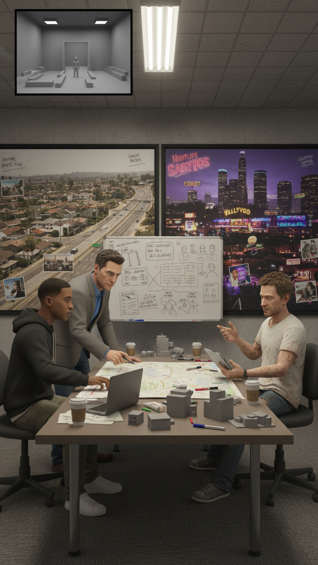 How Do Video game Creation Work use Gta v as an example and give me a step by step creation method showing the actual look of the game if played at dieffrent devlopment stages for visually , but give me a verbose and complete step by step explaination of the process rockstar used and similar game devs use