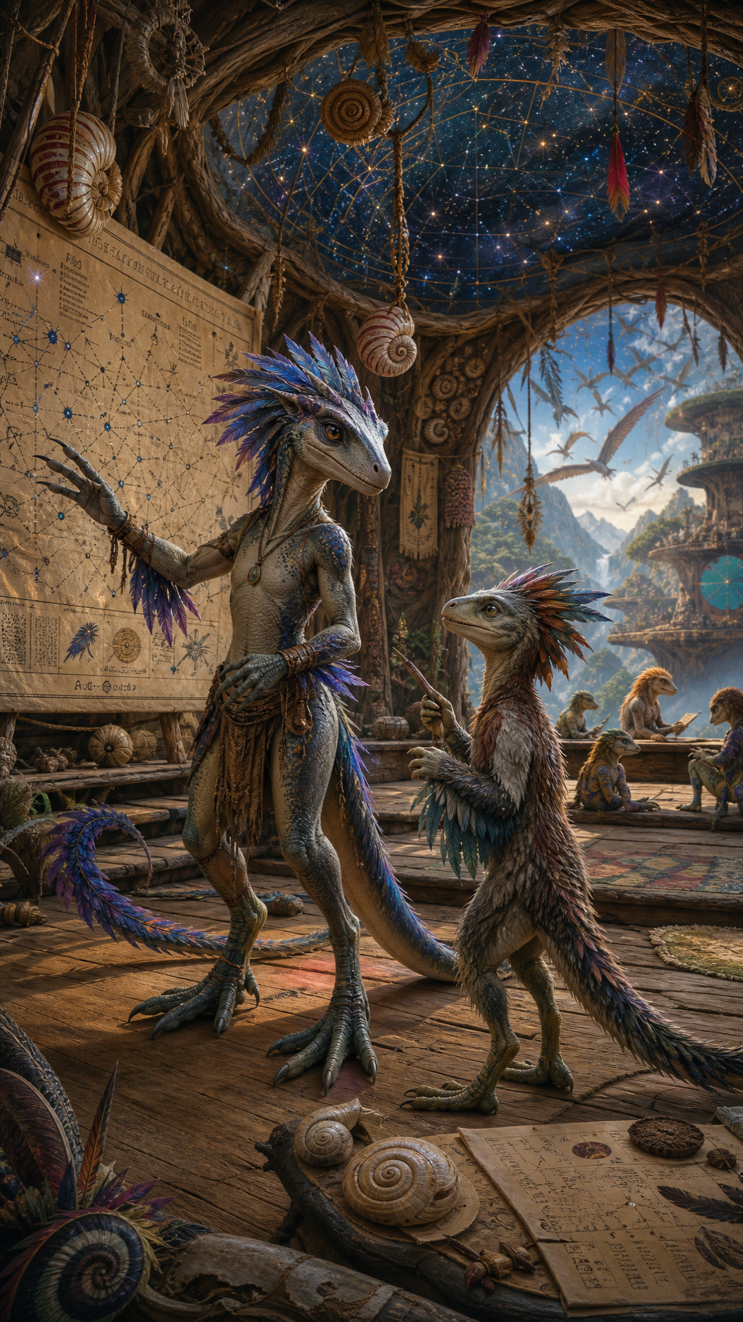 I want to imagiworkd where the dinosaurs did not die but survived explain thier evolution how that would affect other life forms who would be the dorminant species and i want dinosaurds to now beome sentient in this future due to a scientific reson from survival now i want the dinosaurs to have a specific way to achiev technology and i want them to now evovle into less dangerous being as they would need to be to use the engergy develop thier brain , so they would have a new civilised from image if rats made humans , what marvelous creature would a dinosaur have made made the dinosaurs have a civilised human reptile like form. Create this what if scenario