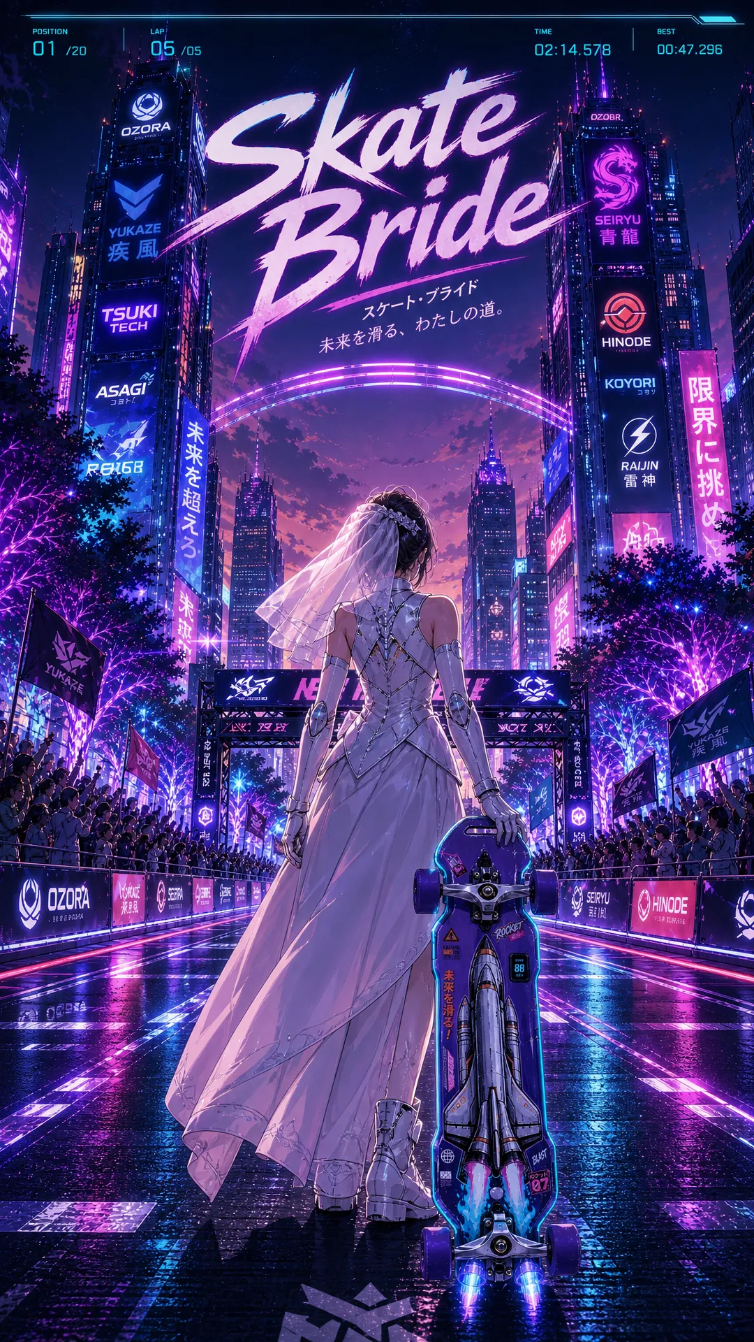 Update: 'chnage this from a sports arena to an outside sports event in a futuristic city so its still a sports event but its hosted ooutside in the city streets , this way having tress as an obstacle makes as there are treee evrywhere and this one just happens to cause the crash on the right railing ', Original prompt:'A third-person futuristic skateboarding racing video game, viewed from behind the character the entire time, set in a neon-filled outdoor sports arena in a cyberpunk city. A skilled skater rides a high-tech skateboard with visible nitro rocket boosters for speed bursts. Scene 1: the rider is at the starting line facing the track, ready to begin. Scene 2: he starts moving forward. Scene 3: he accelerates hard, nitro boosters activated, leaving glowing speed trails. Scene 4: he reaches a split rail section with grinding rails on both sides, where the right rail has dangerous tree branches growing into it as a visual warning. Scene 5: he chooses the right rail, begins grinding, hits the branches, and falls off. Scene 6: he jumps onto the left rail, grinds smoothly through the rails, then jumps off. Scene 7: he rides at full speed and crosses the finish line. The same futuristic neon sporting location continues through the whole sequence, with crowds cheering at the finish if he wins or booing if he fails. Cinematic, dynamic motion, sleek cyberpunk lighting, dramatic third-person gameplay feel, high-energy action, detailed environment, back view of the character, professional skate race atmosphere.'