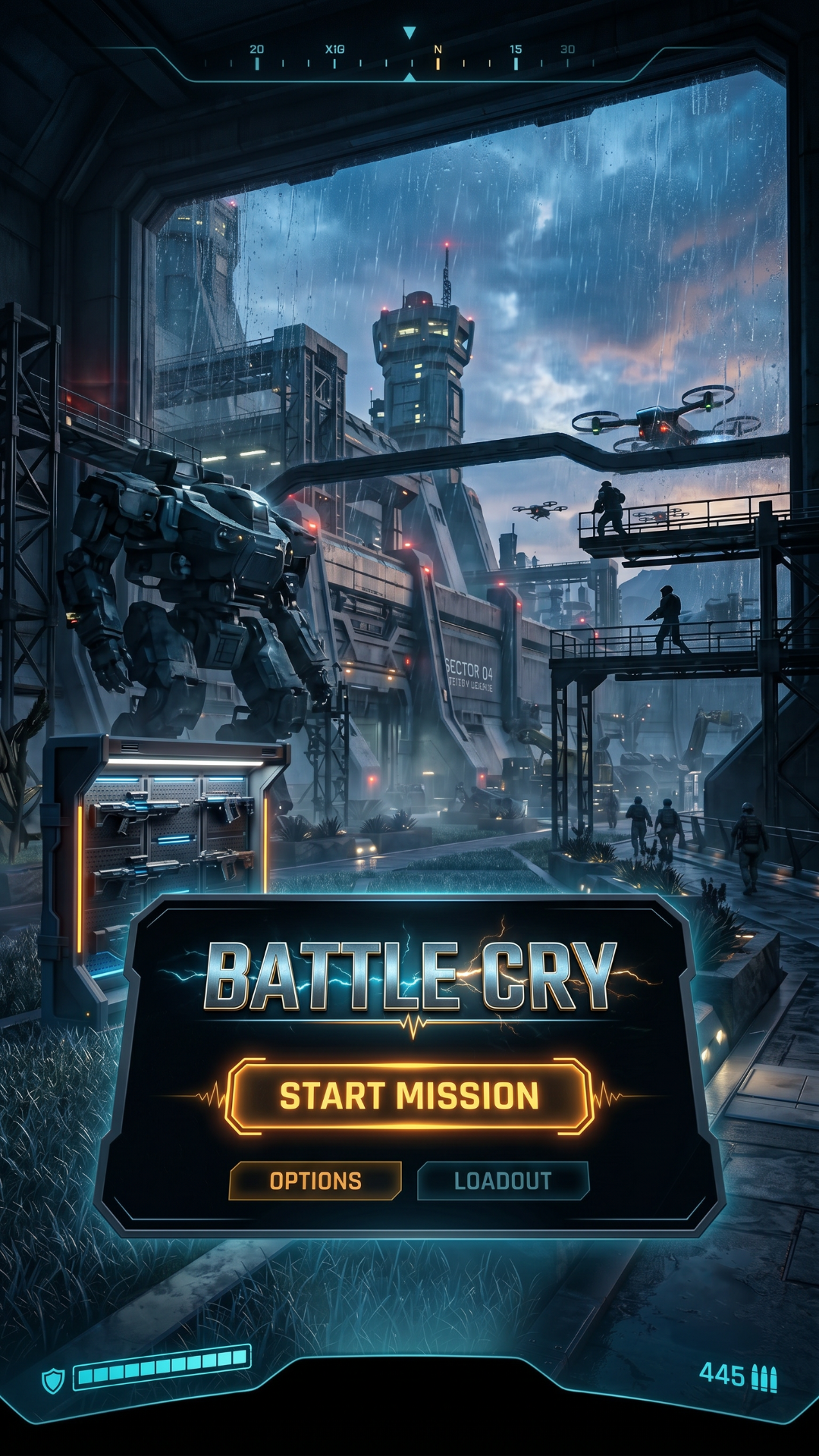 Create a Production Grade AAA metal gear looking game (do not specify metal gear for ip reasons use similar descriptions) called Battle Cry, This game Must have an Intro with a Start Button with some what of a main page to the game with Production grade visual as i will add clicking to the start button and at the start Our Hero Jaga who is like a metal gear soldier from the games in same gear is faced with two weapons on the outside garden of a futuristic military base these scene is shown in first person mode so the weapons are in view an futuristic massive armor piercing assault rifle and a massive Flames Thrower with a nuzzle like an expensive engine all perforated , then jaga picks the flames thrower and He appears in the Time wars this will be used as the premise of these weapons he choses the flame thrower and he Fights the Time wars with the flame Thrower and he choses the Assault rifle he fights the time wars with the rifle, when he uses the assualt refile he gets deated ,This Time war must span has only one location he Rust Valley where the Soldiers like jaga fight The prine robots (A Group of Robot Mercenaries so Loves Hip as part of their deep culture they look like artist who wear chains and fashionable clothing with fighting armour all over them ) but there is a lot of them the prine robots have massive numbers hence using the flame thrower jaga has the advantage with its ranger as these robots have no weapons they fight manaully and when jaga uses the rifles he gets overwhelmed mid shotting as it is less area cover . this location Rust valley is an Open Field filled with Robots charging spots boxy metalic robot homes and hightech robot tents, the prines are a nomadic robot species who move in mass crowds of the thousands but in this scene we have a few in view the others far away , jaga has the Blueprint and is stuck behind enemy lines and its war robots vs Humans for the Time Travel Blueprint but the prines are not solders but its war and they loyal so they attack without any guns as he is in their home this is a gaming visual from from a chapter of this game Battle Cry