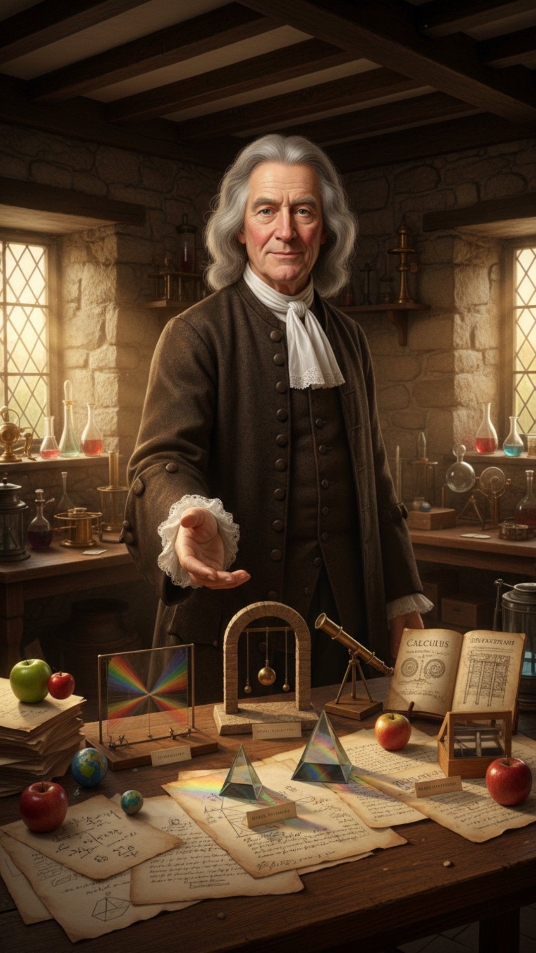 Pretend you are Sir Isaac Newton and explain seven of your greatest discoveries to me. The location should be his known home. in his laboratory and he should have an experimental display explaining each of these discoveries he has made in his life , only character on scene is Issac Newton