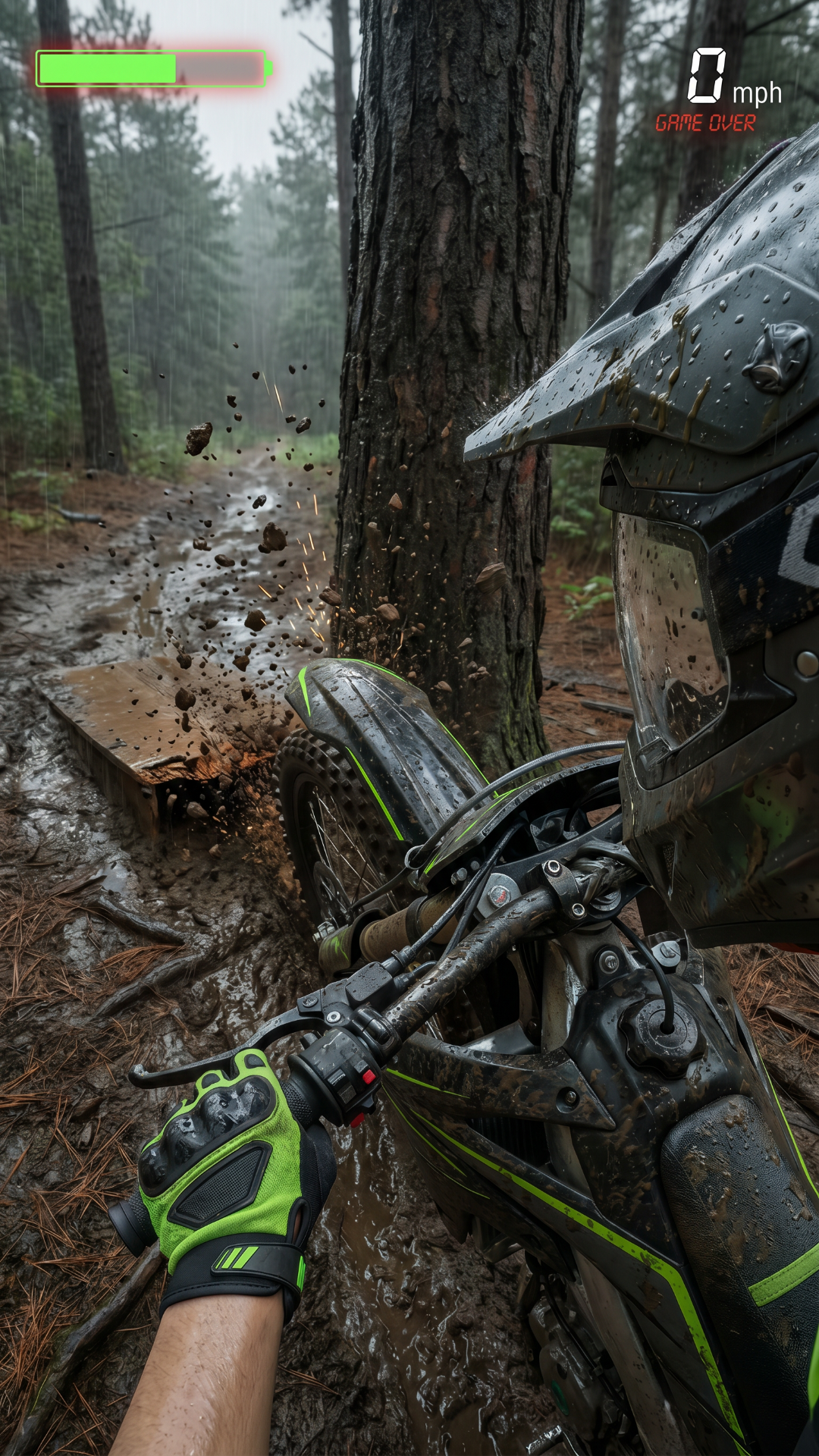 pov view of guy on a dirt bike Moving at high speed in in a muddy forrest he has to dodge the trees he should go through 3 sets of tree hurdles then add one fail scene and oone completion scene where he goes up a muddy ramp then soars in the air in victory