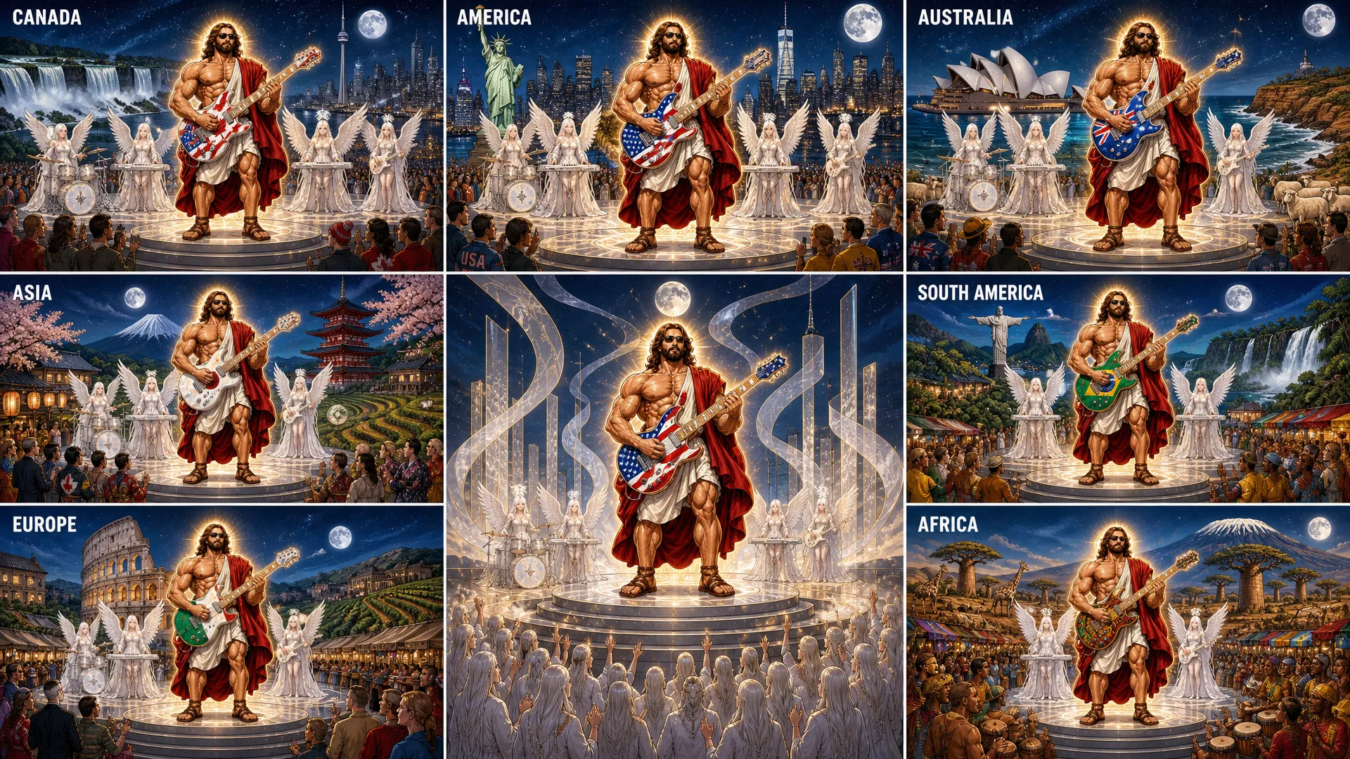 This is a highly passionate and energetic music Video with the topic being a very Muscular  and Huge jesus christ with a very big chest and massive arms appear in the world Cup staduim , on a stage the stage literally animmates from thing air in the stadium, then  a very Muscular  and Huge jesus christ is seen wearing his normal Robe garmet but with rebans glasses on and a usa all color heavenly guitar then he perfroms the intro of the song the crowd looks amazed in awe , some want to cry , then we me through the song with jesus in multiple scenario in a very high extreme intensional passion and extremely music and emotional high impact set of scenes as jesus came to perform this song in his quest for peace , external song will be added so this is in general a visual construction constraints for all multiple scenario scenes will be provided. JeSUS CHRIST has a guitar named Calibri(Guitar Calibri is all american flagged colored and has a heavenly look) song style from suno:'Arena rock anthem with a driving 4/4 beat at 130 BPM in the key of E major, Distorted electric guitars play palm-muted eighth-note power chords in the verses, opening up to sustained chords in the chorus, A prominent synth lead with a saw-wave texture doubles the vocal melody during the hook, The drums feature a heavy kick on every beat with a gated reverb snare on 2 and 4, A gritty bass guitar follows the kick drum pattern, Male vocals are delivered with a raspy, belt-style technique, supported by layered group harmonies in the chorus, The arrangement builds with rising synth risers and cymbal swells leading into the refrain' Scene 1: scene 1 this should have 3 stages , this will be an image with the outside of the stadium showing in a professional way and second shot should be a close up of the stage inside the staduim where jesus christ basically already half fazing in with his angelic band all (white scary looking and beautiful angels they have multi color filled eyes some have only bues hues etc some have all colors in eyes etc and look young and slender and long ) jesus christ half fazing in magically all white looking magic like whit beautifule shiny sandy dusts diamonds fazing in while holding his guitar and the rest of the band on their instrument they should be (3 angels) , then use the as a main as a main third stage jesus completely fades in then he starts singijng and dancing with his band emotionally and intensely , the beat just start and the instrument are going wild and the main attension is jesus christ here as he is doing a guitar solo intro the moment he is in view Scene 2: this has 3 stages he continues his guitar solo , finshes it then starts singing in the second stage he should walk close to the frame and sing to the frame very Upclose and personal (show he slightly far from the frame as a video model will be used on all scenes later as i would make the character walk to the frame then while sing for this scenario ) while he is singing i want realistic lo0king t rex dinosaurs to appear in with that white dust from the left and side of the stage these dinosaurs are all white colored and have gold hairs they have flours on their necks and are dancing intensely to the beats as they fazing in while jesus is still performing intensely Scene 3: he is still in the stadium performing the show and people in the crowd crying the jesus uses white dust and actually appears in Iran millary facility with mislles everywhere and small drones he is hovering and singing intensley while all of tarhanas soldiers all keeling just amazed in awe to see jesus all guns drop, jesus is still singing playing his guitar intensely with passion Scene 4: next He appears above new york on a beauitful spot in broadway singing intensely hovering , its afternoon and donald trump and president of china appear he looks at them while still playing his guitar as they acting like enemies , his face turns to a scary golden lion creation then they quickly hug (donald trump and chi jing ping) and jesus doing all this while still intensely playing his guitar and singing Scene 5: this now focusing on jesus as he is doing another solo in that same spot in newyork broadway but its evening time now there is heavy wind every where lights material and things things like around as the clouds get darker and thunder start striking in the skies all this while jesus still doing his guitar solo then at the end show a large silver rocket flying straight up into the skies with a big space X Logo on It Scene 6: Now Jesus Appears in The Stock Exchange and is singing intensley while money is every as all the stocks just keep going up people literally have money filling up the tables and blocking the way all numbers going up and jesus in the midel of this is sitted looking up and singing , then jeusu is seen performing and singing on skid row and the homeless people start getting clean white dust on their body each one of them a huge Gold bar magically appears in their hands Scene 7: next jesus is on a beach in Brazil , then Vladir mire putin and Zelenske of ukranie they appear he looks at them with that golden lionsih face again then they get scared and hugged themselves , then jesus stops playing for the first time as a boy was playing with a football then jesus starting playing football with the boy doing footstricks Scene 8: Here jesus hovers basically Up in the sky and he is back to playing his intrument and singing intensy he hovers so high every one could see him as he startied emitting light and it was dark , then jesus reach such intensity of the music he basic fazed himself into 6 places at once at the same time he was playing , locations in , africa, America, Australia, Asia, south america, Europe in all locations he was in while playing music massive proffits are being made money is coming in (like people have money running out of ther pockets cars and foods are replicating , houses are being replicated and given an heavenly look new stuctures are being created) Scene 9: then he finally goes back to the staduim in america it all started from his band is in the stage while he is on the field singing while still playing his trusted american flag colored guitar called 'Calibri ' and hamonizing with an heavenly choir as the are ending the somg as he plays the guitar in spaces and pauses they all scream [snare hits, full band enters] Ho! Ho! Ho! Ho!
Caption

