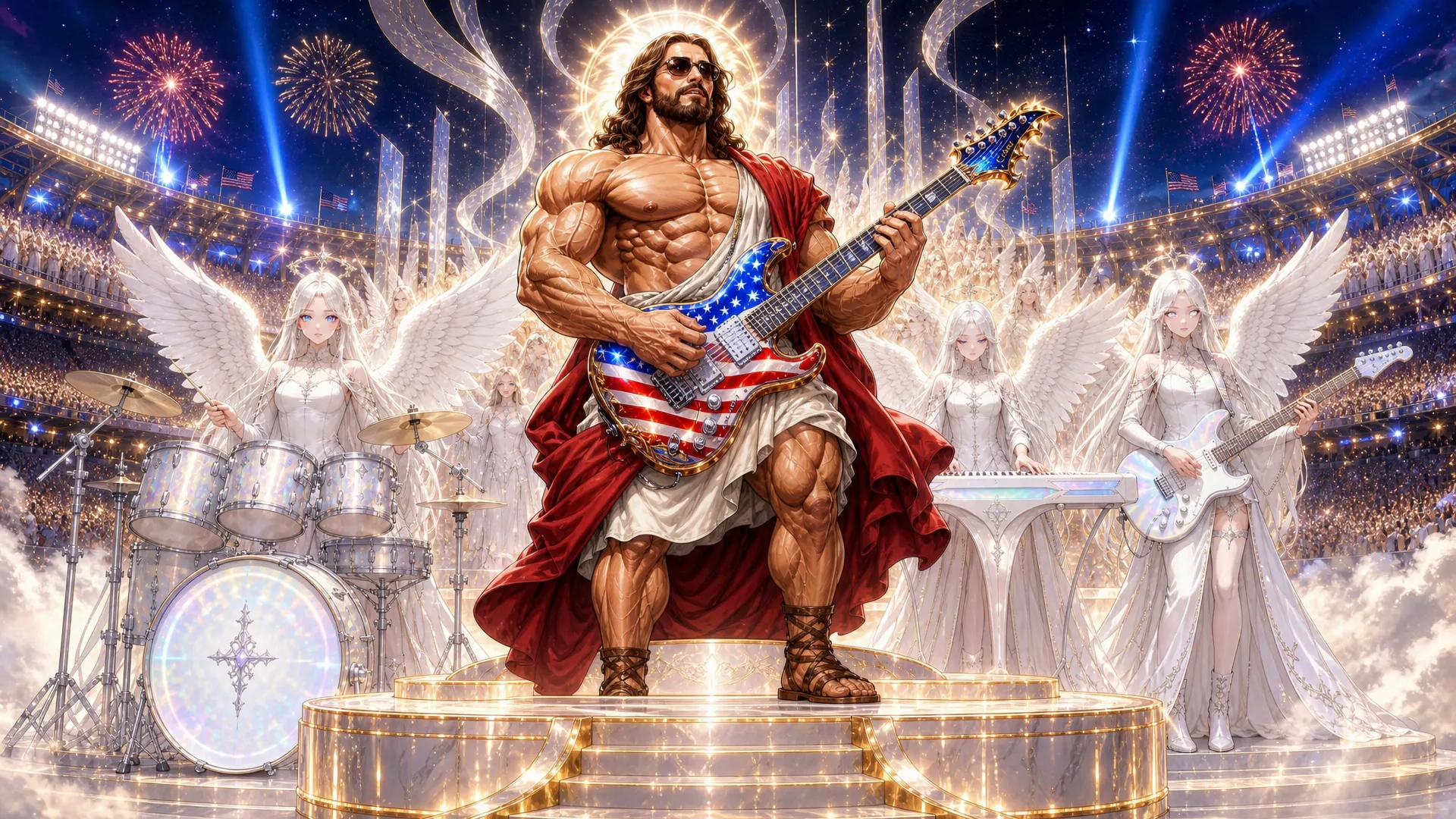 This is a highly passionate and energetic music Video with the topic being a very Muscular  and Huge jesus christ with a very big chest and massive arms appear in the world Cup staduim , on a stage the stage literally animmates from thing air in the stadium, then  a very Muscular  and Huge jesus christ is seen wearing his normal Robe garmet but with rebans glasses on and a usa all color heavenly guitar then he perfroms the intro of the song the crowd looks amazed in awe , some want to cry , then we me through the song with jesus in multiple scenario in a very high extreme intensional passion and extremely music and emotional high impact set of scenes as jesus came to perform this song in his quest for peace , external song will be added so this is in general a visual construction constraints for all multiple scenario scenes will be provided. JeSUS CHRIST has a guitar named Calibri(Guitar Calibri is all american flagged colored and has a heavenly look) song style from suno:'Arena rock anthem with a driving 4/4 beat at 130 BPM in the key of E major, Distorted electric guitars play palm-muted eighth-note power chords in the verses, opening up to sustained chords in the chorus, A prominent synth lead with a saw-wave texture doubles the vocal melody during the hook, The drums feature a heavy kick on every beat with a gated reverb snare on 2 and 4, A gritty bass guitar follows the kick drum pattern, Male vocals are delivered with a raspy, belt-style technique, supported by layered group harmonies in the chorus, The arrangement builds with rising synth risers and cymbal swells leading into the refrain' Scene 1: scene 1 this should have 3 stages , this will be an image with the outside of the stadium showing in a professional way and second shot should be a close up of the stage inside the staduim where jesus christ basically already half fazing in with his angelic band all (white scary looking and beautiful angels they have multi color filled eyes some have only bues hues etc some have all colors in eyes etc and look young and slender and long ) jesus christ half fazing in magically all white looking magic like whit beautifule shiny sandy dusts diamonds fazing in while holding his guitar and the rest of the band on their instrument they should be (3 angels) , then use the as a main as a main third stage jesus completely fades in then he starts singijng and dancing with his band emotionally and intensely , the beat just start and the instrument are going wild and the main attension is jesus christ here as he is doing a guitar solo intro the moment he is in view Scene 2: this has 3 stages he continues his guitar solo , finshes it then starts singing in the second stage he should walk close to the frame and sing to the frame very Upclose and personal (show he slightly far from the frame as a video model will be used on all scenes later as i would make the character walk to the frame then while sing for this scenario ) while he is singing i want realistic lo0king t rex dinosaurs to appear in with that white dust from the left and side of the stage these dinosaurs are all white colored and have gold hairs they have flours on their necks and are dancing intensely to the beats as they fazing in while jesus is still performing intensely Scene 3: he is still in the stadium performing the show and people in the crowd crying the jesus uses white dust and actually appears in Iran millary facility with mislles everywhere and small drones he is hovering and singing intensley while all of tarhanas soldiers all keeling just amazed in awe to see jesus all guns drop, jesus is still singing playing his guitar intensely with passion Scene 4: next He appears above new york on a beauitful spot in broadway singing intensely hovering , its afternoon and donald trump and president of china appear he looks at them while still playing his guitar as they acting like enemies , his face turns to a scary golden lion creation then they quickly hug (donald trump and chi jing ping) and jesus doing all this while still intensely playing his guitar and singing Scene 5: this now focusing on jesus as he is doing another solo in that same spot in newyork broadway but its evening time now there is heavy wind every where lights material and things things like around as the clouds get darker and thunder start striking in the skies all this while jesus still doing his guitar solo then at the end show a large silver rocket flying straight up into the skies with a big space X Logo on It Scene 6: Now Jesus Appears in The Stock Exchange and is singing intensley while money is every as all the stocks just keep going up people literally have money filling up the tables and blocking the way all numbers going up and jesus in the midel of this is sitted looking up and singing , then jeusu is seen performing and singing on skid row and the homeless people start getting clean white dust on their body each one of them a huge Gold bar magically appears in their hands Scene 7: next jesus is on a beach in Brazil , then Vladir mire putin and Zelenske of ukranie they appear he looks at them with that golden lionsih face again then they get scared and hugged themselves , then jesus stops playing for the first time as a boy was playing with a football then jesus starting playing football with the boy doing footstricks Scene 8: Here jesus hovers basically Up in the sky and he is back to playing his intrument and singing intensy he hovers so high every one could see him as he startied emitting light and it was dark , then jesus reach such intensity of the music he basic fazed himself into 6 places at once at the same time he was playing , locations in , africa, America, Australia, Asia, south america, Europe in all locations he was in while playing music massive proffits are being made money is coming in (like people have money running out of ther pockets cars and foods are replicating , houses are being replicated and given an heavenly look new stuctures are being created) Scene 9: then he finally goes back to the staduim in america it all started from his band is in the stage while he is on the field singing while still playing his trusted american flag colored guitar called 'Calibri ' and hamonizing with an heavenly choir as the are ending the somg as he plays the guitar in spaces and pauses they all scream [snare hits, full band enters] Ho! Ho! Ho! Ho!
Caption

