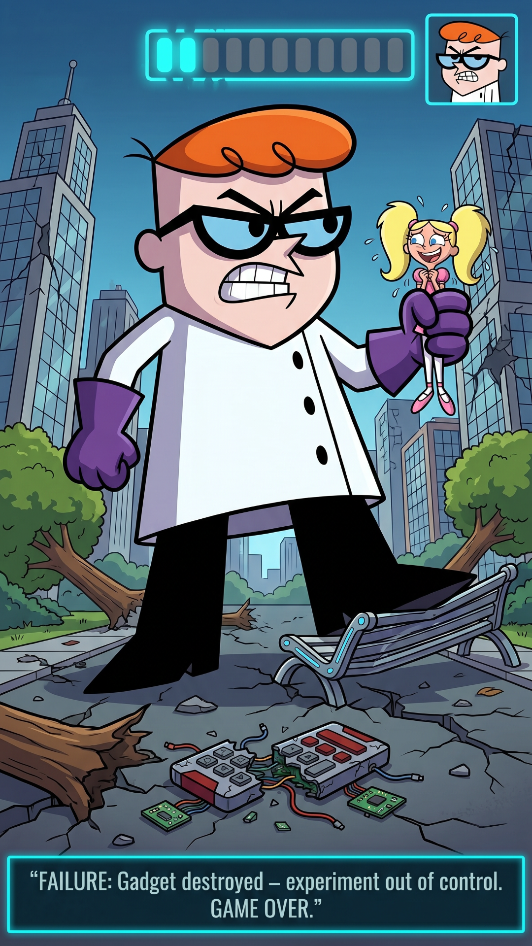 Update: 'update this as it feels rushed we didnt get the scemn of dexter enter the park both huge and small and didi get the scene where , dee dee hides the remote in the first place , the user playing the game will have no incentive
', Original prompt:'Dexters Laboratory , , dee hides dexters all controlling remote in the park , Dexter enters his laboratory, he and walks up to 2 machines (Minificator and Humungus), user chosses the minificator and dexter is tiny walking into the park looking around , then he is gettting chased by an ant , but deedee helps him while laughing at him saving him from the ant , choosing Humungus dexter is as tall as a sky scrapper walking into the park every body is running then he spost the remote and steps on it , then he screams dee dee , dee dee starts laughing , then he picks her up with one hand and she looks scared '