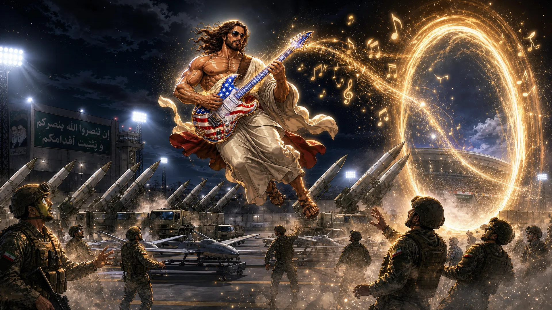 This is a highly passionate and energetic music Video with the topic being a very Muscular  and Huge jesus christ with a very big chest and massive arms appear in the world Cup staduim , on a stage the stage literally animmates from thing air in the stadium, then  a very Muscular  and Huge jesus christ is seen wearing his normal Robe garmet but with rebans glasses on and a usa all color heavenly guitar then he perfroms the intro of the song the crowd looks amazed in awe , some want to cry , then we me through the song with jesus in multiple scenario in a very high extreme intensional passion and extremely music and emotional high impact set of scenes as jesus came to perform this song in his quest for peace , external song will be added so this is in general a visual construction constraints for all multiple scenario scenes will be provided. JeSUS CHRIST has a guitar named Calibri(Guitar Calibri is all american flagged colored and has a heavenly look) song style from suno:'Arena rock anthem with a driving 4/4 beat at 130 BPM in the key of E major, Distorted electric guitars play palm-muted eighth-note power chords in the verses, opening up to sustained chords in the chorus, A prominent synth lead with a saw-wave texture doubles the vocal melody during the hook, The drums feature a heavy kick on every beat with a gated reverb snare on 2 and 4, A gritty bass guitar follows the kick drum pattern, Male vocals are delivered with a raspy, belt-style technique, supported by layered group harmonies in the chorus, The arrangement builds with rising synth risers and cymbal swells leading into the refrain' Scene 1: scene 1 this should have 3 stages , this will be an image with the outside of the stadium showing in a professional way and second shot should be a close up of the stage inside the staduim where jesus christ basically already half fazing in with his angelic band all (white scary looking and beautiful angels they have multi color filled eyes some have only bues hues etc some have all colors in eyes etc and look young and slender and long ) jesus christ half fazing in magically all white looking magic like whit beautifule shiny sandy dusts diamonds fazing in while holding his guitar and the rest of the band on their instrument they should be (3 angels) , then use the as a main as a main third stage jesus completely fades in then he starts singijng and dancing with his band emotionally and intensely , the beat just start and the instrument are going wild and the main attension is jesus christ here as he is doing a guitar solo intro the moment he is in view Scene 2: this has 3 stages he continues his guitar solo , finshes it then starts singing in the second stage he should walk close to the frame and sing to the frame very Upclose and personal (show he slightly far from the frame as a video model will be used on all scenes later as i would make the character walk to the frame then while sing for this scenario ) while he is singing i want realistic lo0king t rex dinosaurs to appear in with that white dust from the left and side of the stage these dinosaurs are all white colored and have gold hairs they have flours on their necks and are dancing intensely to the beats as they fazing in while jesus is still performing intensely Scene 3: he is still in the stadium performing the show and people in the crowd crying the jesus uses white dust and actually appears in Iran millary facility with mislles everywhere and small drones he is hovering and singing intensley while all of tarhanas soldiers all keeling just amazed in awe to see jesus all guns drop, jesus is still singing playing his guitar intensely with passion Scene 4: next He appears above new york on a beauitful spot in broadway singing intensely hovering , its afternoon and donald trump and president of china appear he looks at them while still playing his guitar as they acting like enemies , his face turns to a scary golden lion creation then they quickly hug (donald trump and chi jing ping) and jesus doing all this while still intensely playing his guitar and singing Scene 5: this now focusing on jesus as he is doing another solo in that same spot in newyork broadway but its evening time now there is heavy wind every where lights material and things things like around as the clouds get darker and thunder start striking in the skies all this while jesus still doing his guitar solo then at the end show a large silver rocket flying straight up into the skies with a big space X Logo on It Scene 6: Now Jesus Appears in The Stock Exchange and is singing intensley while money is every as all the stocks just keep going up people literally have money filling up the tables and blocking the way all numbers going up and jesus in the midel of this is sitted looking up and singing , then jeusu is seen performing and singing on skid row and the homeless people start getting clean white dust on their body each one of them a huge Gold bar magically appears in their hands Scene 7: next jesus is on a beach in Brazil , then Vladir mire putin and Zelenske of ukranie they appear he looks at them with that golden lionsih face again then they get scared and hugged themselves , then jesus stops playing for the first time as a boy was playing with a football then jesus starting playing football with the boy doing footstricks Scene 8: Here jesus hovers basically Up in the sky and he is back to playing his intrument and singing intensy he hovers so high every one could see him as he startied emitting light and it was dark , then jesus reach such intensity of the music he basic fazed himself into 6 places at once at the same time he was playing , locations in , africa, America, Australia, Asia, south america, Europe in all locations he was in while playing music massive proffits are being made money is coming in (like people have money running out of ther pockets cars and foods are replicating , houses are being replicated and given an heavenly look new stuctures are being created) Scene 9: then he finally goes back to the staduim in america it all started from his band is in the stage while he is on the field singing while still playing his trusted american flag colored guitar called 'Calibri ' and hamonizing with an heavenly choir as the are ending the somg as he plays the guitar in spaces and pauses they all scream [snare hits, full band enters] Ho! Ho! Ho! Ho!
Caption
