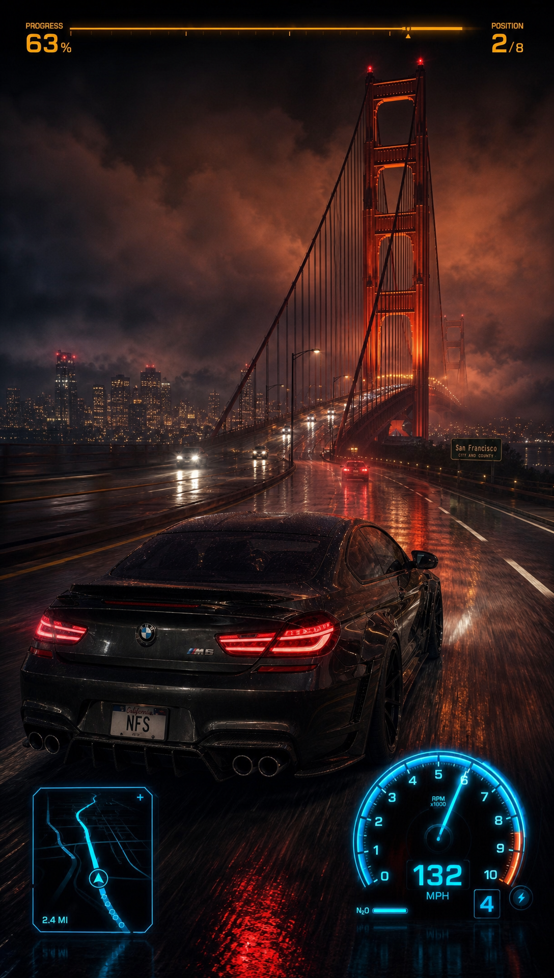 i want a nfs style racing game with the car being a Bmw M6 sport, i want to have the cover , the the car riding on the golden gate bridge , its riding faster on the bridge still , all this time we have cars moving on the other side of the road a massive truck then looses control and swerves in front of the driver the trucks is at the left of frame approaching the driver so driver must go left or right , left they survive the crash , right they fail and driver off the bridge