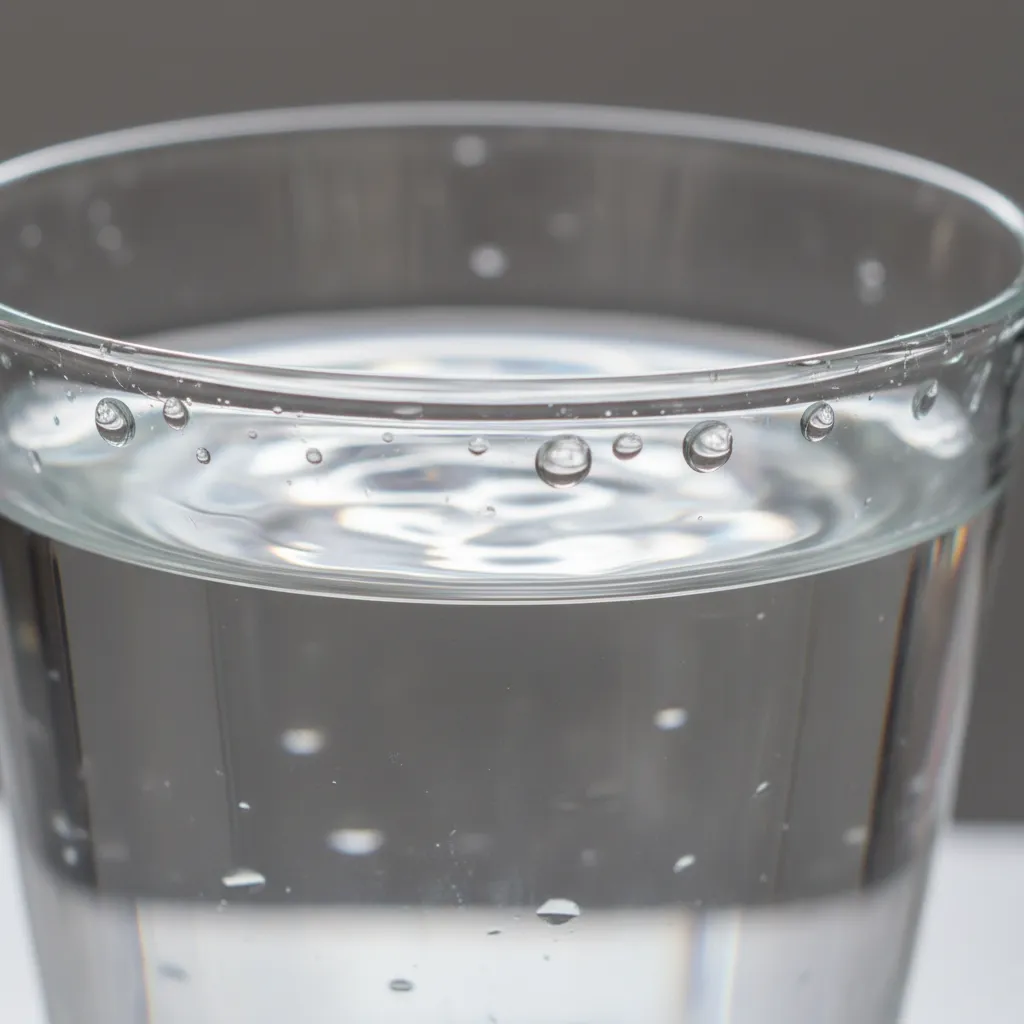 Zoom in on water in a glass pretend we are looking through a powerful advanced microscope, show in 7 steps and keep zooming down to the quarks , explain the elements at these different 7 steps of zoom and how would zooming in on this water actually look
