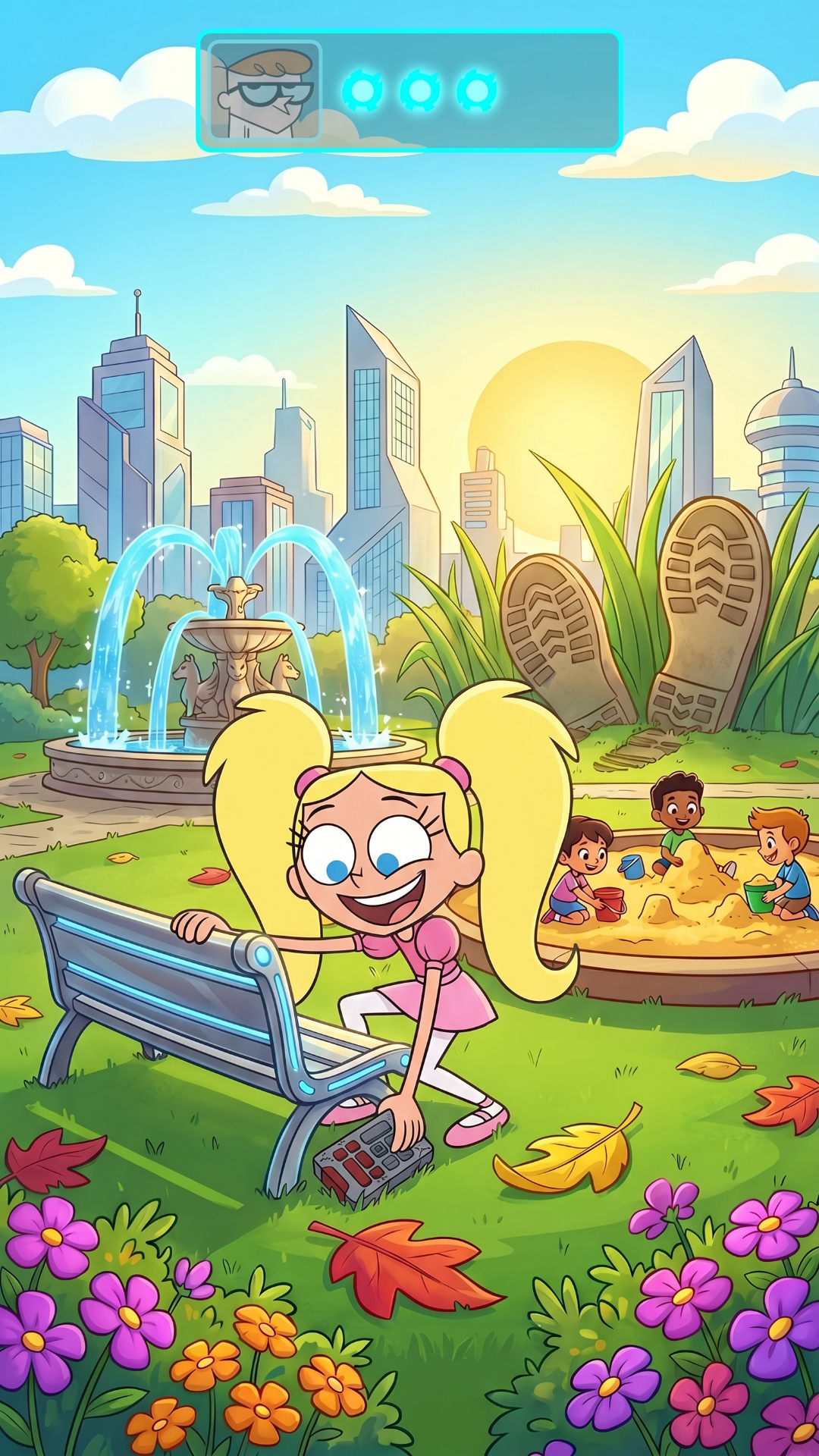 Update: 'update this as it feels rushed we didnt get the scemn of dexter enter the park both huge and small and didi get the scene where , dee dee hides the remote in the first place , the user playing the game will have no incentive
', Original prompt:'Dexters Laboratory , , dee hides dexters all controlling remote in the park , Dexter enters his laboratory, he and walks up to 2 machines (Minificator and Humungus), user chosses the minificator and dexter is tiny walking into the park looking around , then he is gettting chased by an ant , but deedee helps him while laughing at him saving him from the ant , choosing Humungus dexter is as tall as a sky scrapper walking into the park every body is running then he spost the remote and steps on it , then he screams dee dee , dee dee starts laughing , then he picks her up with one hand and she looks scared '