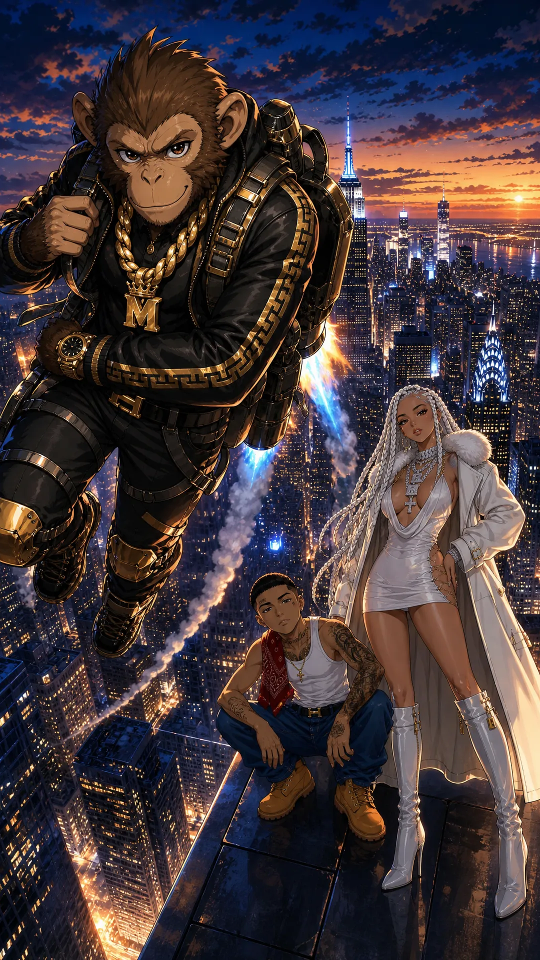 create this music video for me , THe main characters Dora (, light skin latino , rebelious classy lady with skinny build White Braided her usually where a fashionable coat, with a short skimpy dresss beneath, with Luxury high Boots, she usally where lots of dianond in form of chains on her neck ), Monkey Jabo is a Normal meduim sized monkey that works on two feet like a human being would and always has a chain on his neck , sometimes he where a jacket and watch and chain he is dORA'S bEst friend. then lastly Rio is a latino guy , who is the star of this and is singing about Dora (Rio is a slim build latino Guy who lloks like he was workig for the cartel he has taottos on his face and changes between cartel underlyn look to a suit sometimes ) the premise is he tried to save dora by husting but she made it on her own and is now helping him name of song 'GO DORA'
Scene 1: Rio and Dora on a roof top in newyork with chilling while money is looking over the city while leaning on the rail , then it zooms in to Rio Looking at the camera and singing , while dora is slightly in frame as she was close to him rio on his cartel out fit (white tank top red bandana jenas and timberland boots)
Scene 2: rio stands on taht Roof ToP and starts singing , with Dora still sitting down and Rio and Monkey rio on his cartel out fit (white tank top red bandana jenas and timberland boots) and singing and feeling them selves wakling stylishly singing as rio is singing money is behind feeling the song
Scene 3: Now this is a shot of 3 of them on aplane , start with Rio wallking in the plane dressed in A sharp suit , next he is sitting with Dora in the plane with rio to the left and dora to the right and then monkey actual on dora's laps smoking a cigar
Scene 4: Next 3 of them are in a all white get up and each of them wears a unique white jacket , Rio is Upsing while dora is now dancing to the song and Monkey is also there dancing feeling him slef like a boos tese are subltle hip hop style gandster moverments slowly moving and walking around to the song but during Rio is singing (Location a snowy Runied Looking Location they are on a helicopter with an luxury Helicopter Right behind them ), then show Rio driving a ferrari sider on a suburban street in the uk called wigan the ferrari is convertible with roof dropped so Rio is visble in the car
Scene 5: On this scene Rio is about to get i the helicoper while Dora is alreday o and visible , rio is singing to the camera walking to the helicopter in style while moneky is also on view with both hands up in the air next to the mountain lege make this close up high perpesctive shot , then show monkey intrude on the camera final and starts Bopping his head to the users like they should listen this is a close up shot
Scene 6: They at an African Village in Kenya , and Dora and dora is giving meals to school children , then they are at a youth tech innovation center dora created for youths in the usa beinging maga and democrats youth together, this will show dora and rio actually livig and how they spend their lives no singing from rio also add monkey in each of these scenes also helping out
Scene 7: THEY BOTH IS THIER MANSION AS Rio is by the side singing in his cartel clothing , while Dora is signing a guge deal with abunch of old men money is also sitted at the table wearing a Bow tie (no chain here), then next dora is standing and dances to rio with confidence in a sexy way
Scene 8: Dora and Rio climbing the empire state building with mokey far ahead in the lead, then the 2 of them satnd at the Top with monkey handing stylfully from the side of the structure , Rio and Dora hold ecah others hands
Scene 9: On the Top of the Tower Rio is sqauuted down looking at the camera, dora standing in a sexy way with MonEY next to her with arms Folded