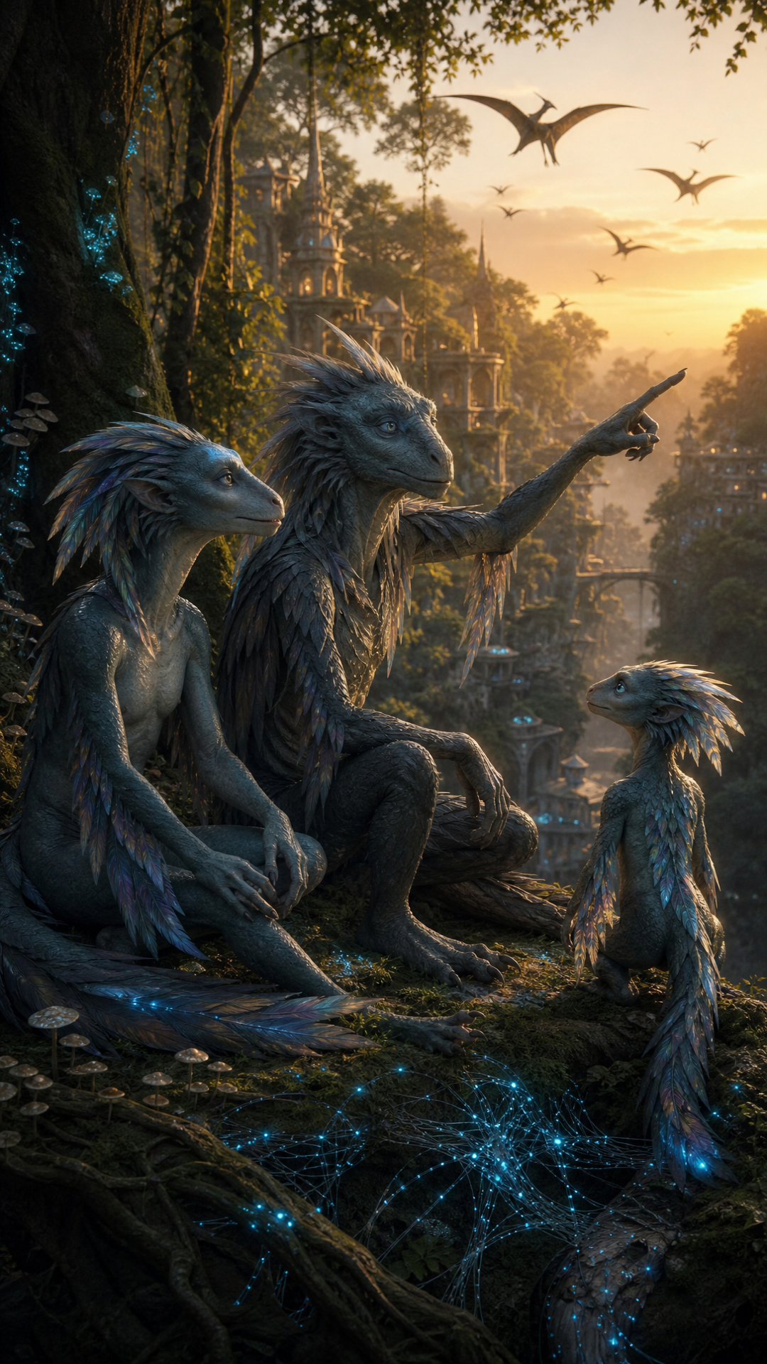 I want to imagiworkd where the dinosaurs did not die but survived explain thier evolution how that would affect other life forms who would be the dorminant species and i want dinosaurds to now beome sentient in this future due to a scientific reson from survival now i want the dinosaurs to have a specific way to achiev technology and i want them to now evovle into less dangerous being as they would need to be to use the engergy develop thier brain , so they would have a new civilised from image if rats made humans , what marvelous creature would a dinosaur have made made the dinosaurs have a civilised human reptile like form. Create this what if scenario