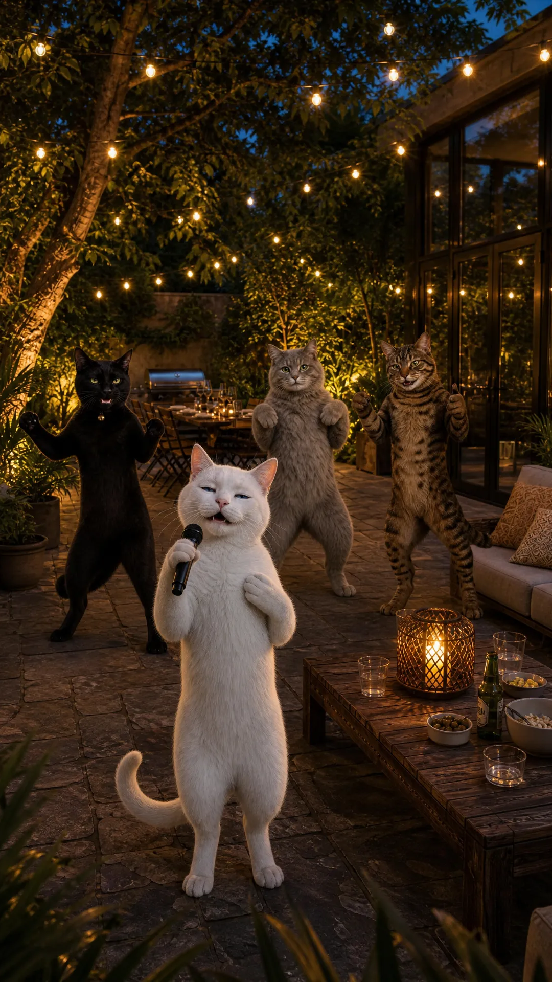 Ah, thanks for clarifying the flow! So Bonno’s singing alone inside the house, moving from fireplace to kitchen to living room, still singing, then suddenly a party kicks off indoors. Then he steps outside singing while his three friends dance behind him in sync. Finally, it cuts back inside where Jenny walks in, comes close to Bonno, and kisses him, inspiring the party to really take off.
Let me reshape the prompt exactly that way for you, keeping the photorealistic, upright cats and detailed emotional expressions:
Scene 1: The title "Lolapalloza" appears in elegant white text. Bonno, a sleek white cat with soft fur and bright blue eyes, stands upright by the fireplace in a warm living room beside a full-height glass wall showing the garden. His posture is relaxed yet eccentric, with half-closed eyes and a gentle, vulnerable expression as he sings quietly with heartfelt honesty, lost in his emotions.
Scene 2: Bonno moves softly into the kitchen, still upright, sipping milk with delicate, careful gestures. His face reflects a quiet longing and emotional openness, ears slightly tilted forward as he continues singing, his voice tender and sincere.
Scene 3: Bonno walks into the living room, still standing upright and singing with deep feeling. Suddenly, his energy inspires a lively party to start in the same room. Photorealistic cats — Larry, a sleek black cat with piercing yellow eyes and a mischievous grin; Jimmy, a fluffy gray cat with kind eyes and a gentle smile; Steve, a sturdy brown tabby with a playful smirk — join the celebration, playing beer pong near kegs and laughing, with joyful and lively expressions.
Scene 4: Bonno steps outside onto the garden patio, still singing upright. Behind him, Larry, Jimmy, and Steve dance in perfect sync, their expressions full of excitement and joy as string lights blink softly overhead, capturing the photorealistic fur textures in the evening light.
Scene 5: Cut back inside the house where Jenny, a graceful tabby cat with warm amber eyes and a soft striped coat, enters standing upright with poised elegance. She approaches Bonno, and their eyes meet with calm hope and emotional warmth. Jenny gently kisses Bonno, whose face shows surprised tenderness and blossoming happiness. The kiss sparks the party to blossom fully inside the house, with upbeat energy and genuine connection.
How’s that? Would you like me to tweak any feelings or add more details on the cats' expressions or surroundings?