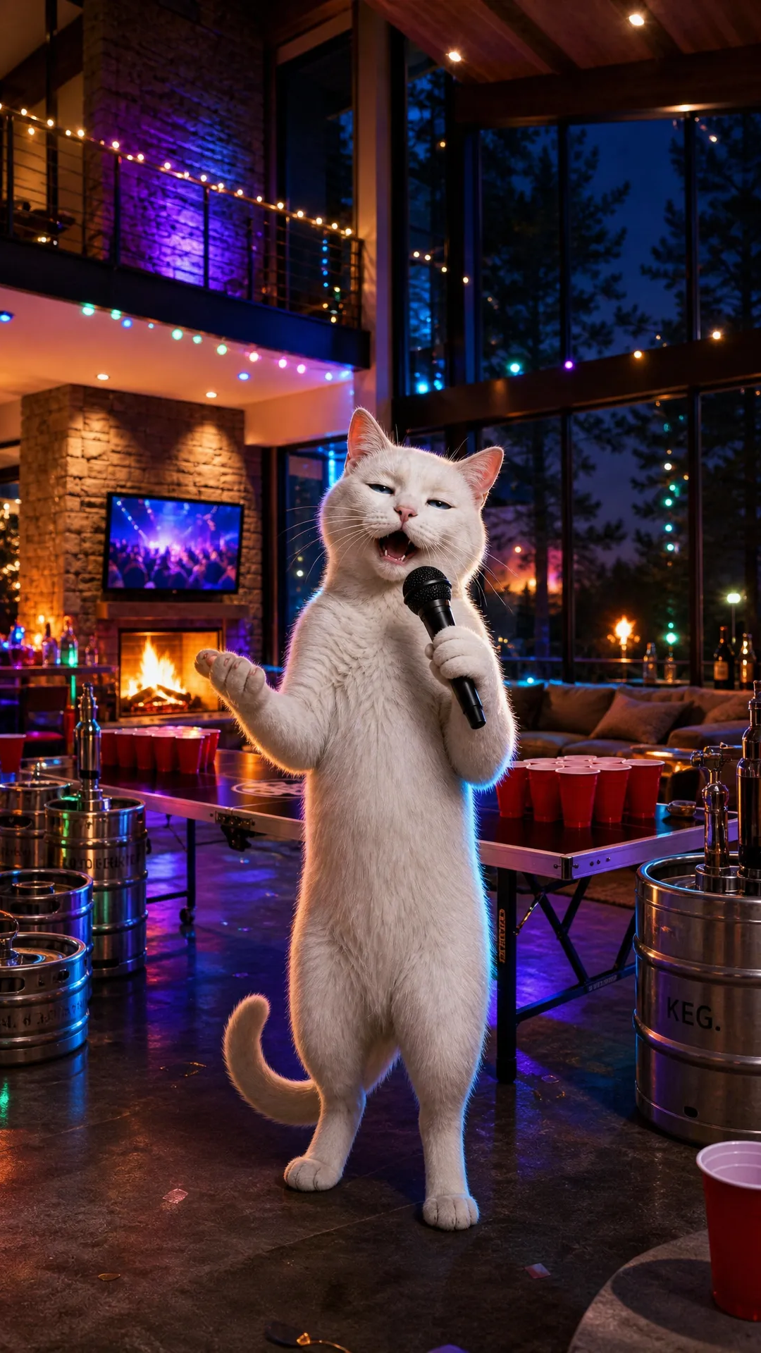 Ah, thanks for clarifying the flow! So Bonno’s singing alone inside the house, moving from fireplace to kitchen to living room, still singing, then suddenly a party kicks off indoors. Then he steps outside singing while his three friends dance behind him in sync. Finally, it cuts back inside where Jenny walks in, comes close to Bonno, and kisses him, inspiring the party to really take off.
Let me reshape the prompt exactly that way for you, keeping the photorealistic, upright cats and detailed emotional expressions:
Scene 1: The title "Lolapalloza" appears in elegant white text. Bonno, a sleek white cat with soft fur and bright blue eyes, stands upright by the fireplace in a warm living room beside a full-height glass wall showing the garden. His posture is relaxed yet eccentric, with half-closed eyes and a gentle, vulnerable expression as he sings quietly with heartfelt honesty, lost in his emotions.
Scene 2: Bonno moves softly into the kitchen, still upright, sipping milk with delicate, careful gestures. His face reflects a quiet longing and emotional openness, ears slightly tilted forward as he continues singing, his voice tender and sincere.
Scene 3: Bonno walks into the living room, still standing upright and singing with deep feeling. Suddenly, his energy inspires a lively party to start in the same room. Photorealistic cats — Larry, a sleek black cat with piercing yellow eyes and a mischievous grin; Jimmy, a fluffy gray cat with kind eyes and a gentle smile; Steve, a sturdy brown tabby with a playful smirk — join the celebration, playing beer pong near kegs and laughing, with joyful and lively expressions.
Scene 4: Bonno steps outside onto the garden patio, still singing upright. Behind him, Larry, Jimmy, and Steve dance in perfect sync, their expressions full of excitement and joy as string lights blink softly overhead, capturing the photorealistic fur textures in the evening light.
Scene 5: Cut back inside the house where Jenny, a graceful tabby cat with warm amber eyes and a soft striped coat, enters standing upright with poised elegance. She approaches Bonno, and their eyes meet with calm hope and emotional warmth. Jenny gently kisses Bonno, whose face shows surprised tenderness and blossoming happiness. The kiss sparks the party to blossom fully inside the house, with upbeat energy and genuine connection.
How’s that? Would you like me to tweak any feelings or add more details on the cats' expressions or surroundings?