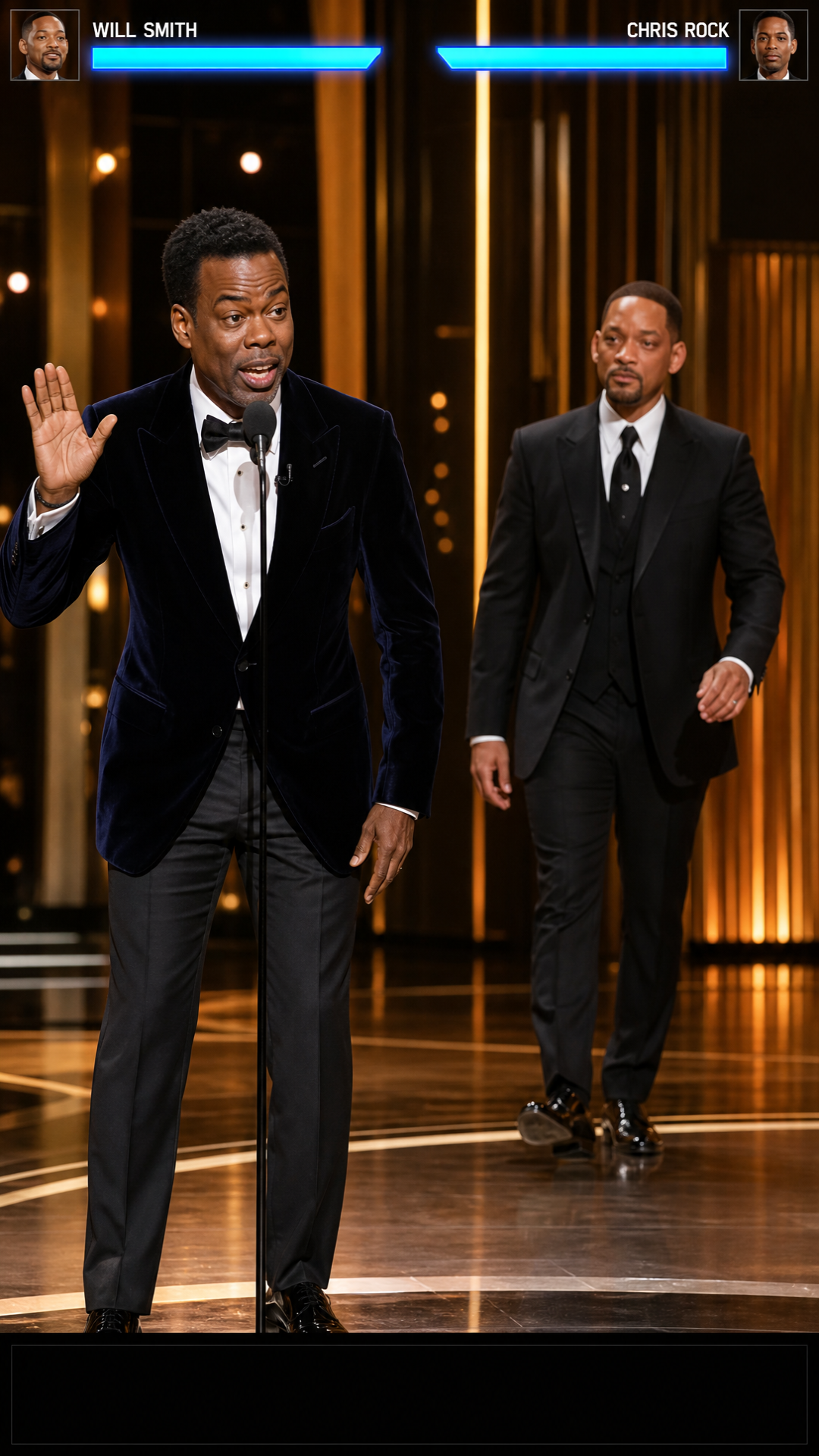 will smith and chris rock stage slap game ,, scene 1 (this should show themon stage right b4 the slap ) is intro, scene 2 chris rocks speaks then will smith walks on stage to him , scene 3 will smith slaps chris rock , scene 4 chris rock defends himself he dodges the slap then gives will smith a chokeslam just 4 nodes keep it simple