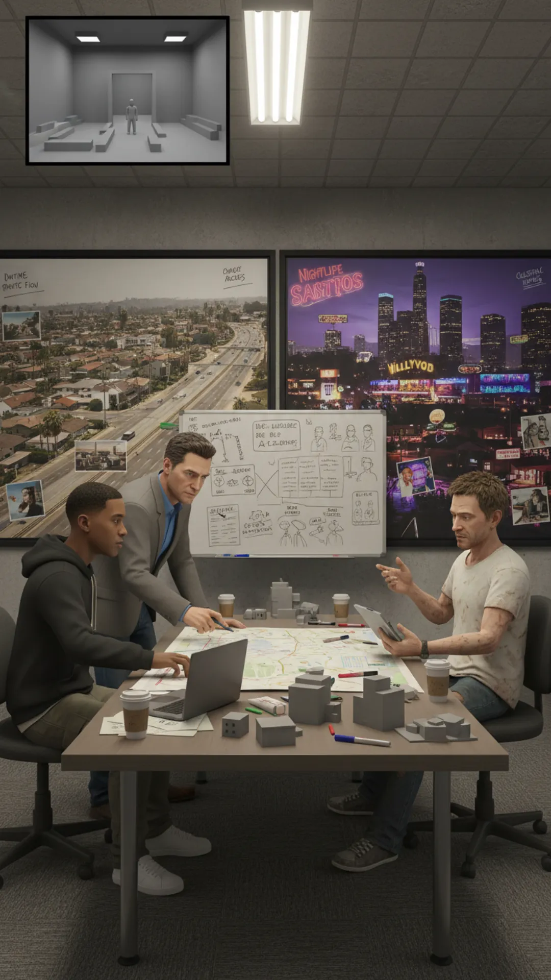 How Do Video game Creation Work use Gta v as an example and give me a step by step creation method showing the actual look of the game if played at dieffrent devlopment stages for visually , but give me a verbose and complete step by step explaination of the process rockstar used and similar game devs use