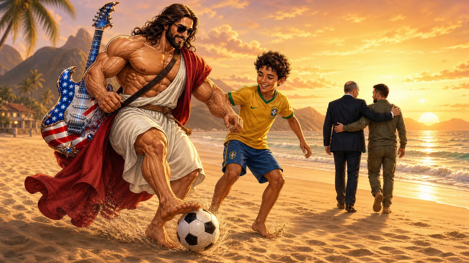 This is a highly passionate and energetic music Video with the topic being a very Muscular  and Huge jesus christ with a very big chest and massive arms appear in the world Cup staduim , on a stage the stage literally animmates from thing air in the stadium, then  a very Muscular  and Huge jesus christ is seen wearing his normal Robe garmet but with rebans glasses on and a usa all color heavenly guitar then he perfroms the intro of the song the crowd looks amazed in awe , some want to cry , then we me through the song with jesus in multiple scenario in a very high extreme intensional passion and extremely music and emotional high impact set of scenes as jesus came to perform this song in his quest for peace , external song will be added so this is in general a visual construction constraints for all multiple scenario scenes will be provided. JeSUS CHRIST has a guitar named Calibri(Guitar Calibri is all american flagged colored and has a heavenly look) song style from suno:'Arena rock anthem with a driving 4/4 beat at 130 BPM in the key of E major, Distorted electric guitars play palm-muted eighth-note power chords in the verses, opening up to sustained chords in the chorus, A prominent synth lead with a saw-wave texture doubles the vocal melody during the hook, The drums feature a heavy kick on every beat with a gated reverb snare on 2 and 4, A gritty bass guitar follows the kick drum pattern, Male vocals are delivered with a raspy, belt-style technique, supported by layered group harmonies in the chorus, The arrangement builds with rising synth risers and cymbal swells leading into the refrain' Scene 1: scene 1 this should have 3 stages , this will be an image with the outside of the stadium showing in a professional way and second shot should be a close up of the stage inside the staduim where jesus christ basically already half fazing in with his angelic band all (white scary looking and beautiful angels they have multi color filled eyes some have only bues hues etc some have all colors in eyes etc and look young and slender and long ) jesus christ half fazing in magically all white looking magic like whit beautifule shiny sandy dusts diamonds fazing in while holding his guitar and the rest of the band on their instrument they should be (3 angels) , then use the as a main as a main third stage jesus completely fades in then he starts singijng and dancing with his band emotionally and intensely , the beat just start and the instrument are going wild and the main attension is jesus christ here as he is doing a guitar solo intro the moment he is in view Scene 2: this has 3 stages he continues his guitar solo , finshes it then starts singing in the second stage he should walk close to the frame and sing to the frame very Upclose and personal (show he slightly far from the frame as a video model will be used on all scenes later as i would make the character walk to the frame then while sing for this scenario ) while he is singing i want realistic lo0king t rex dinosaurs to appear in with that white dust from the left and side of the stage these dinosaurs are all white colored and have gold hairs they have flours on their necks and are dancing intensely to the beats as they fazing in while jesus is still performing intensely Scene 3: he is still in the stadium performing the show and people in the crowd crying the jesus uses white dust and actually appears in Iran millary facility with mislles everywhere and small drones he is hovering and singing intensley while all of tarhanas soldiers all keeling just amazed in awe to see jesus all guns drop, jesus is still singing playing his guitar intensely with passion Scene 4: next He appears above new york on a beauitful spot in broadway singing intensely hovering , its afternoon and donald trump and president of china appear he looks at them while still playing his guitar as they acting like enemies , his face turns to a scary golden lion creation then they quickly hug (donald trump and chi jing ping) and jesus doing all this while still intensely playing his guitar and singing Scene 5: this now focusing on jesus as he is doing another solo in that same spot in newyork broadway but its evening time now there is heavy wind every where lights material and things things like around as the clouds get darker and thunder start striking in the skies all this while jesus still doing his guitar solo then at the end show a large silver rocket flying straight up into the skies with a big space X Logo on It Scene 6: Now Jesus Appears in The Stock Exchange and is singing intensley while money is every as all the stocks just keep going up people literally have money filling up the tables and blocking the way all numbers going up and jesus in the midel of this is sitted looking up and singing , then jeusu is seen performing and singing on skid row and the homeless people start getting clean white dust on their body each one of them a huge Gold bar magically appears in their hands Scene 7: next jesus is on a beach in Brazil , then Vladir mire putin and Zelenske of ukranie they appear he looks at them with that golden lionsih face again then they get scared and hugged themselves , then jesus stops playing for the first time as a boy was playing with a football then jesus starting playing football with the boy doing footstricks Scene 8: Here jesus hovers basically Up in the sky and he is back to playing his intrument and singing intensy he hovers so high every one could see him as he startied emitting light and it was dark , then jesus reach such intensity of the music he basic fazed himself into 6 places at once at the same time he was playing , locations in , africa, America, Australia, Asia, south america, Europe in all locations he was in while playing music massive proffits are being made money is coming in (like people have money running out of ther pockets cars and foods are replicating , houses are being replicated and given an heavenly look new stuctures are being created) Scene 9: then he finally goes back to the staduim in america it all started from his band is in the stage while he is on the field singing while still playing his trusted american flag colored guitar called 'Calibri ' and hamonizing with an heavenly choir as the are ending the somg as he plays the guitar in spaces and pauses they all scream [snare hits, full band enters] Ho! Ho! Ho! Ho!
Caption
