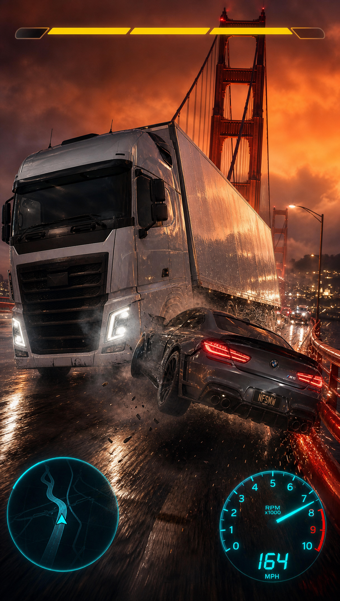 i want a nfs style racing game with the car being a Bmw M6 sport, i want to have the cover , the the car riding on the golden gate bridge , its riding faster on the bridge still , all this time we have cars moving on the other side of the road a massive truck then looses control and swerves in front of the driver the trucks is at the left of frame approaching the driver so driver must go left or right , left they survive the crash , right they fail and driver off the bridge