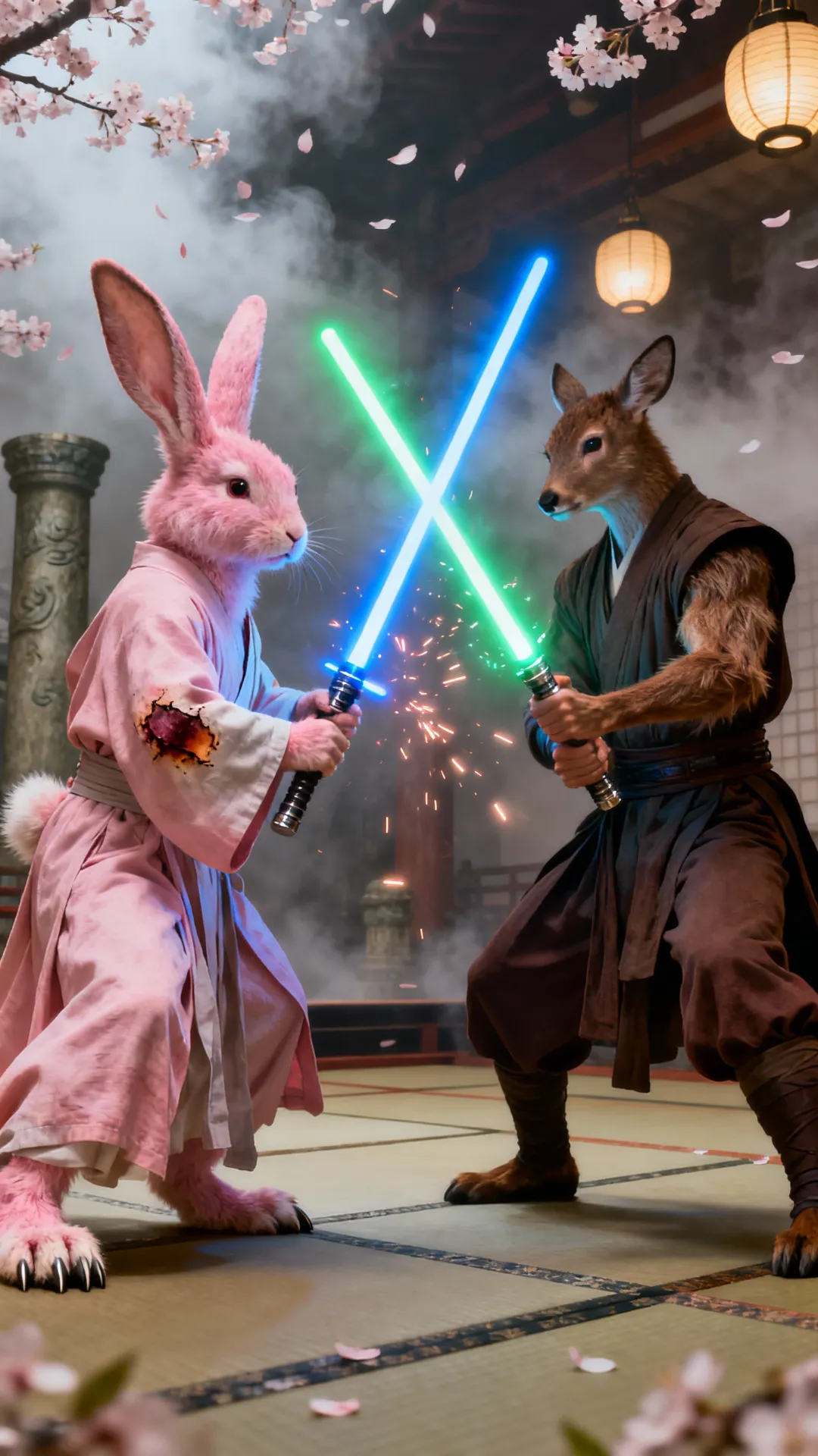 2 jedi a pink Kimono Rabbit jedi and a slim shaolin buck jedi, about to strip light sabers together this scene should show ligh sabers about to hit, The Buck jedi swings and cuts the rabbit on the arm , the rabbit delivers a kick to the jedi from the bottom angle, all scenes show mid action, realistic fur, detailed skin