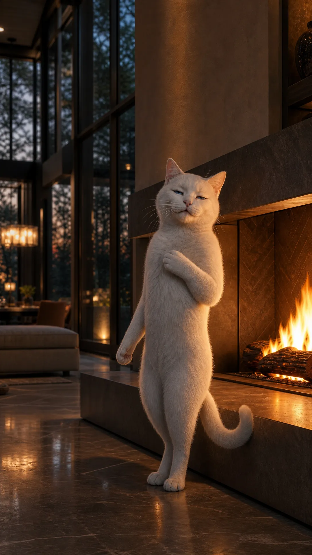 Ah, thanks for clarifying the flow! So Bonno’s singing alone inside the house, moving from fireplace to kitchen to living room, still singing, then suddenly a party kicks off indoors. Then he steps outside singing while his three friends dance behind him in sync. Finally, it cuts back inside where Jenny walks in, comes close to Bonno, and kisses him, inspiring the party to really take off.
Let me reshape the prompt exactly that way for you, keeping the photorealistic, upright cats and detailed emotional expressions:
Scene 1: The title "Lolapalloza" appears in elegant white text. Bonno, a sleek white cat with soft fur and bright blue eyes, stands upright by the fireplace in a warm living room beside a full-height glass wall showing the garden. His posture is relaxed yet eccentric, with half-closed eyes and a gentle, vulnerable expression as he sings quietly with heartfelt honesty, lost in his emotions.
Scene 2: Bonno moves softly into the kitchen, still upright, sipping milk with delicate, careful gestures. His face reflects a quiet longing and emotional openness, ears slightly tilted forward as he continues singing, his voice tender and sincere.
Scene 3: Bonno walks into the living room, still standing upright and singing with deep feeling. Suddenly, his energy inspires a lively party to start in the same room. Photorealistic cats — Larry, a sleek black cat with piercing yellow eyes and a mischievous grin; Jimmy, a fluffy gray cat with kind eyes and a gentle smile; Steve, a sturdy brown tabby with a playful smirk — join the celebration, playing beer pong near kegs and laughing, with joyful and lively expressions.
Scene 4: Bonno steps outside onto the garden patio, still singing upright. Behind him, Larry, Jimmy, and Steve dance in perfect sync, their expressions full of excitement and joy as string lights blink softly overhead, capturing the photorealistic fur textures in the evening light.
Scene 5: Cut back inside the house where Jenny, a graceful tabby cat with warm amber eyes and a soft striped coat, enters standing upright with poised elegance. She approaches Bonno, and their eyes meet with calm hope and emotional warmth. Jenny gently kisses Bonno, whose face shows surprised tenderness and blossoming happiness. The kiss sparks the party to blossom fully inside the house, with upbeat energy and genuine connection.
How’s that? Would you like me to tweak any feelings or add more details on the cats' expressions or surroundings?