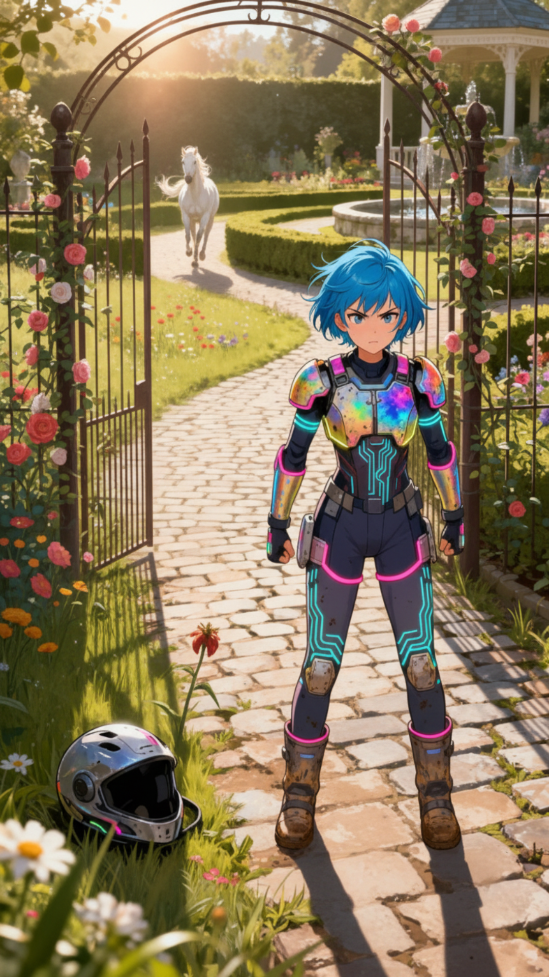 1, a ready player 1 type girl with coloful armor chasing a white horse(she is on foot) in a beautiful meadow and garden location , 2 she is riding the horse same location 3 she stands frustrated as the horse runs away