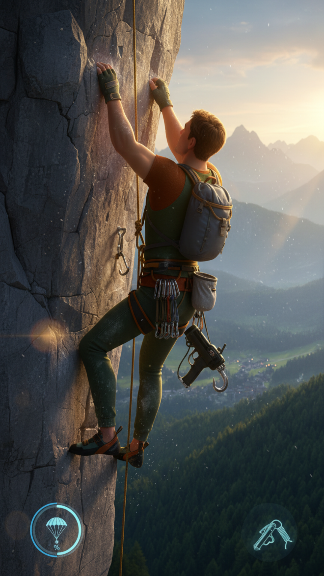 Give me a rock climbing style for a realistic ray tracing video game. The playable character is on the wall, his back facing the frame. It's high, very high. Display two icons for a parachute and a hook. Or grappling hook. As the first scene. Second scene, the guy uses the grappling hook, to launch himself to the top of that same mountain. Same look. And for the third scene, he detaches, uses his parachute and jumps down to the safety of the ground. Or the forest below. Pick a location.