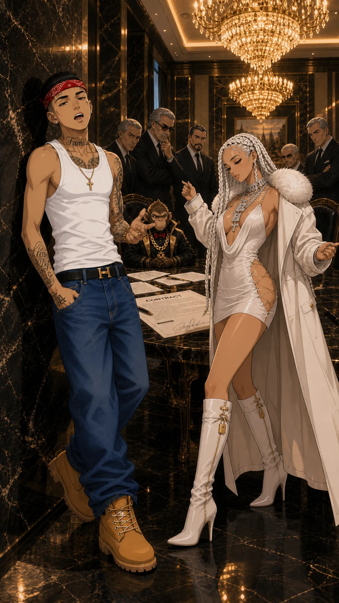 create this music video for me , THe main characters Dora (, light skin latino , rebelious classy lady with skinny build White Braided her usually where a fashionable coat, with a short skimpy dresss beneath, with Luxury high Boots, she usally where lots of dianond in form of chains on her neck ), Monkey Jabo is a Normal meduim sized monkey that works on two feet like a human being would and always has a chain on his neck , sometimes he where a jacket and watch and chain he is dORA'S bEst friend. then lastly Rio is a latino guy , who is the star of this and is singing about Dora (Rio is a slim build latino Guy who lloks like he was workig for the cartel he has taottos on his face and changes between cartel underlyn look to a suit sometimes ) the premise is he tried to save dora by husting but she made it on her own and is now helping him name of song 'GO DORA'
Scene 1: Rio and Dora on a roof top in newyork with chilling while money is looking over the city while leaning on the rail , then it zooms in to Rio Looking at the camera and singing , while dora is slightly in frame as she was close to him rio on his cartel out fit (white tank top red bandana jenas and timberland boots)
Scene 2: rio stands on taht Roof ToP and starts singing , with Dora still sitting down and Rio and Monkey rio on his cartel out fit (white tank top red bandana jenas and timberland boots) and singing and feeling them selves wakling stylishly singing as rio is singing money is behind feeling the song
Scene 3: Now this is a shot of 3 of them on aplane , start with Rio wallking in the plane dressed in A sharp suit , next he is sitting with Dora in the plane with rio to the left and dora to the right and then monkey actual on dora's laps smoking a cigar
Scene 4: Next 3 of them are in a all white get up and each of them wears a unique white jacket , Rio is Upsing while dora is now dancing to the song and Monkey is also there dancing feeling him slef like a boos tese are subltle hip hop style gandster moverments slowly moving and walking around to the song but during Rio is singing (Location a snowy Runied Looking Location they are on a helicopter with an luxury Helicopter Right behind them ), then show Rio driving a ferrari sider on a suburban street in the uk called wigan the ferrari is convertible with roof dropped so Rio is visble in the car
Scene 5: On this scene Rio is about to get i the helicoper while Dora is alreday o and visible , rio is singing to the camera walking to the helicopter in style while moneky is also on view with both hands up in the air next to the mountain lege make this close up high perpesctive shot , then show monkey intrude on the camera final and starts Bopping his head to the users like they should listen this is a close up shot
Scene 6: They at an African Village in Kenya , and Dora and dora is giving meals to school children , then they are at a youth tech innovation center dora created for youths in the usa beinging maga and democrats youth together, this will show dora and rio actually livig and how they spend their lives no singing from rio also add monkey in each of these scenes also helping out
Scene 7: THEY BOTH IS THIER MANSION AS Rio is by the side singing in his cartel clothing , while Dora is signing a guge deal with abunch of old men money is also sitted at the table wearing a Bow tie (no chain here), then next dora is standing and dances to rio with confidence in a sexy way
Scene 8: Dora and Rio climbing the empire state building with mokey far ahead in the lead, then the 2 of them satnd at the Top with monkey handing stylfully from the side of the structure , Rio and Dora hold ecah others hands
Scene 9: On the Top of the Tower Rio is sqauuted down looking at the camera, dora standing in a sexy way with MonEY next to her with arms Folded