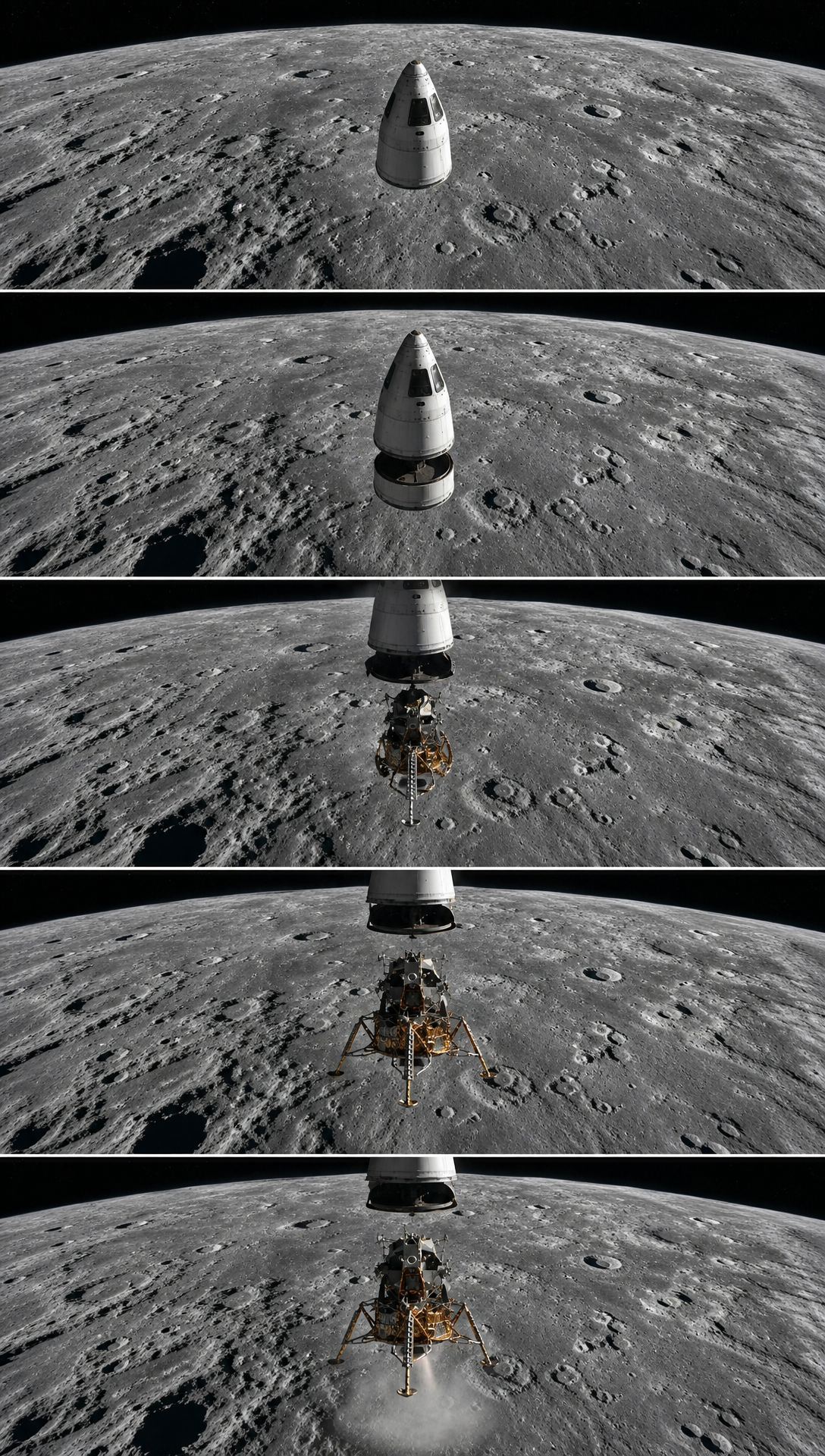 Moon Mission — 9-Scene Content Flow
1. Launch Pad Astronaut
Clip content:
A third-person cinematic view of an astronaut standing outside a huge rocket on the launch pad, with the rocket towering overhead. The launch site feels dramatic and high-stakes, with support structures, floodlights, mist, and smoke around the base.
First frame:
A wide cinematic shot from ground level. The astronaut stands in the foreground facing the rocket, the massive rocket dominates the background, and the launch tower rises beside it. Early dawn or bright daylight works well.
Connects to:
Scene 2 — Earth-to-Space Rocket Launch
2. Earth-to-Space Rocket Launch
Clip content:
The rocket launches from Earth, blasting upward through flames, smoke, and clouds. This clip covers the full ascent in a time-compressed cinematic way: the rocket rises from the launch pad, climbs through the lower atmosphere, passes beyond airplane flight level, breaks through the upper atmosphere, and reaches outer space. Earth’s curvature gradually becomes visible as the sky shifts from blue to black.
First frame:
The rocket still attached to the launch pad at ignition moment, engines glowing bright underneath, smoke beginning to billow outward.
Comes from:
Scene 1 — Launch Pad Astronaut
Connects to:
Scene 3 — Detach Capsule in Space
3. Detach Capsule in Space
Clip content:
Now in space, the rocket is seen with its fuel body and crew capsule still connected. This is the major decision point. The user can detach correctly, or fail to detach.
First frame:
A clean space shot of the rocket drifting above Earth, with the blackness of space behind it and the crew capsule visibly attached to the main fuel body.
Comes from:
Scene 2 — Earth-to-Space Rocket Launch
Connects to:
Scene 4 — Fail: Rocket Drifts Toward the Sun
Scene 5 — Detached Capsule Approaches Moon
4. Fail — Rocket Drifts Toward the Sun
Clip content:
The capsule never detaches, the rocket continues accelerating uncontrollably, and the spacecraft is shown heading deeper into space toward the Sun. The scene should feel like an obvious mission failure.
First frame:
The still-attached rocket speeding through space, with the Sun appearing larger and brighter ahead, and the craft slightly angled into a dangerous uncontrolled path.
Comes from:
Scene 3 — Detach Capsule in Space
Type:
Failure ending
5. Detached Capsule Approaches Moon
Clip content:
The crew capsule has successfully detached and is now traveling through space toward the Moon. The Moon grows larger ahead as the capsule glides through the darkness of space.
First frame:
A detached capsule floating cleanly in space, Earth smaller behind it and the Moon visible ahead in the distance.
Comes from:
Scene 3 — Detach Capsule in Space
Connects to:
Scene 6 — Over the Moon
6. Over the Moon
Clip content:
The detached craft is now flying over the Moon’s surface. This is the second major decision point. The user can deploy the moon lander, or incorrectly attempt landing with the cockpit/capsule.
First frame:
A cinematic overhead shot of the capsule moving above the Moon’s grey cratered surface, with sharp shadows and the lunar horizon curving away.
Comes from:
Scene 5 — Detached Capsule Approaches Moon
Connects to:
Scene 7 — Fail: Cockpit Landing Attempt
Scene 8 — Moon Lander Descent and Landing
7. Fail — Cockpit Landing Attempt
Clip content:
Instead of deploying the moon lander, the user attempts to land the cockpit/capsule directly on the Moon, which fails. The scene should clearly show that this was the wrong craft for landing.
First frame:
The cockpit/capsule descending awkwardly toward the Moon at the wrong angle, looking unstable and not suited for surface landing.
Comes from:
Scene 6 — Over the Moon
Type:
Failure ending
8. Moon Lander Descent and Landing
Clip content:
The moon lander has been deployed and descends toward the lunar surface. Dust rises as it lands successfully on the Moon.
First frame:
The moon lander suspended above the Moon surface in descent, landing legs visible, with craters and dusty terrain below.
Comes from:
Scene 6 — Over the Moon
Connects to:
Scene 9 — Moonwalk, Flag Planting and Success Ending
9. Moonwalk, Flag Planting and Success Ending
Clip content:
A simple first-person view from inside the moon lander after touchdown. The astronaut exits the moon lander onto the Moon and plants the USA flag. The scene ends with the USA flag standing firmly on the Moon, lunar surface stretching outward, and Earth visible in the black sky as the triumphant mission-complete ending.
First frame:
A first-person interior cockpit-style view from inside the moon lander, looking toward the hatch or front window, with the Moon surface visible outside. The shot should feel like the astronaut is about to step out and complete the mission.
Comes from:
Scene 8 — Moon Lander Descent and Landing
Type:
Final success ending
Visual continuity note
To match what you want:
Only Scene 1 shows the astronaut fully in third-person outside the rocket.
The rest should mostly be:
exterior rocket/capsule shots
spacecraft shots
cockpit/interior shots
simple Moon environment shots
The final Moon sequence should be simple first-person view, starting from inside the lander, then exiting to plant the flag, ending with the flag and Earth visible from the Moon.