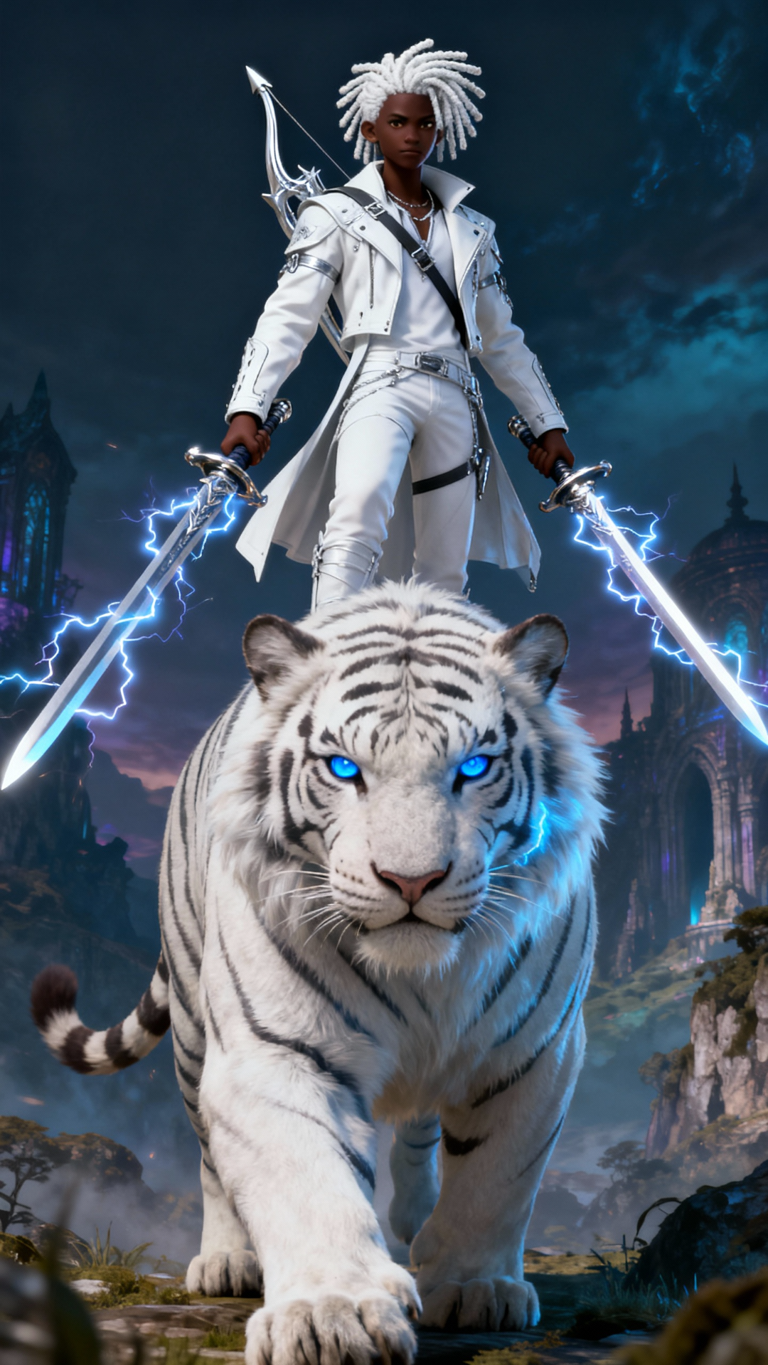 Introduction to a story i am creating called Haven Chronicles, Pretend You are A Guy named Static with Electric Shock Powers , (He is cute black 19 years with white dreads he , wears a white devil may cry Type jacket and attire, he wields two swords which conducts his electricity and he has a silver bow on his back, he rides a Giant horse size White Tiger ) First scene show Static Introducing the viewers to the haven universe using a serous Epic Tone . 2nd scene the story starts It was just another day , meteors fell from the sky , not shattering the ground like they should but they hand propulsion gasses that help them land , they flood the sky and out of these came out Demon Like Creatures ranging from orcs , to cyclopses , to Giant Bugs and Birds all invading new york city . scene 3 Humans Ran , tried to fight, with Fighter jets and Tech Enhanced armoured solders but all where defeated Brought to their knees, in the last Time of The last day as it was prophesied. scene 4 Humans Sacrificed Themselves for neighbours, Bravery Stood Firm and The Book Of Love was Unlocked , Giving Everybody from nurses to Soldiers , to those Captured by the invaders super powers(if these people are shown make sure its in a war torn place on earth). scene 5 The unleash of powers on all humans created a shock wave , this shockwave pushed the demons to the To LOcations around the hot side of the earth like africa and this shockwave flung most Humans to the colder side of the earth Norway, there where few Injuries but now we all could heal too . scene 6 After The dust settled we started rebuiding using new materials , new plants , creating new science, 3 humans on a patch of amazing garden , each of them have rideable horse size giant pets , around this patch of garden is a snow storm all taking place in a massive compound of a small meddile antique castle town where castles are all white with roofs and pillars of gold or diamond. scene 7 Static ends his narration: standing in front of the massive gate of this castle with his pet ,we know they are coming , we wait we train , We Found Haven, use this information to create a trailer for my story , static should narrate from start then tell me the story then end at the gate , last scene , make it professional