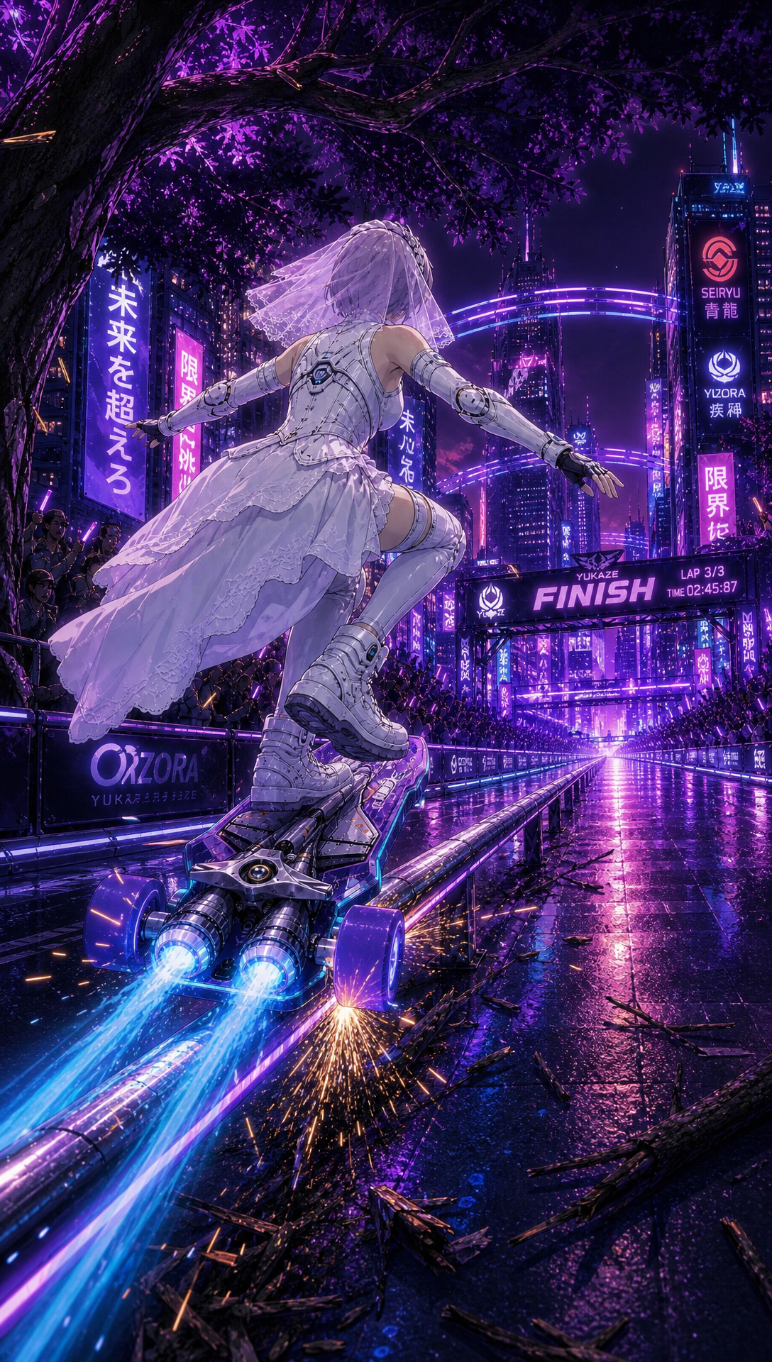 Update: 'chnage this from a sports arena to an outside sports event in a futuristic city so its still a sports event but its hosted ooutside in the city streets , this way having tress as an obstacle makes as there are treee evrywhere and this one just happens to cause the crash on the right railing ', Original prompt:'A third-person futuristic skateboarding racing video game, viewed from behind the character the entire time, set in a neon-filled outdoor sports arena in a cyberpunk city. A skilled skater rides a high-tech skateboard with visible nitro rocket boosters for speed bursts. Scene 1: the rider is at the starting line facing the track, ready to begin. Scene 2: he starts moving forward. Scene 3: he accelerates hard, nitro boosters activated, leaving glowing speed trails. Scene 4: he reaches a split rail section with grinding rails on both sides, where the right rail has dangerous tree branches growing into it as a visual warning. Scene 5: he chooses the right rail, begins grinding, hits the branches, and falls off. Scene 6: he jumps onto the left rail, grinds smoothly through the rails, then jumps off. Scene 7: he rides at full speed and crosses the finish line. The same futuristic neon sporting location continues through the whole sequence, with crowds cheering at the finish if he wins or booing if he fails. Cinematic, dynamic motion, sleek cyberpunk lighting, dramatic third-person gameplay feel, high-energy action, detailed environment, back view of the character, professional skate race atmosphere.'