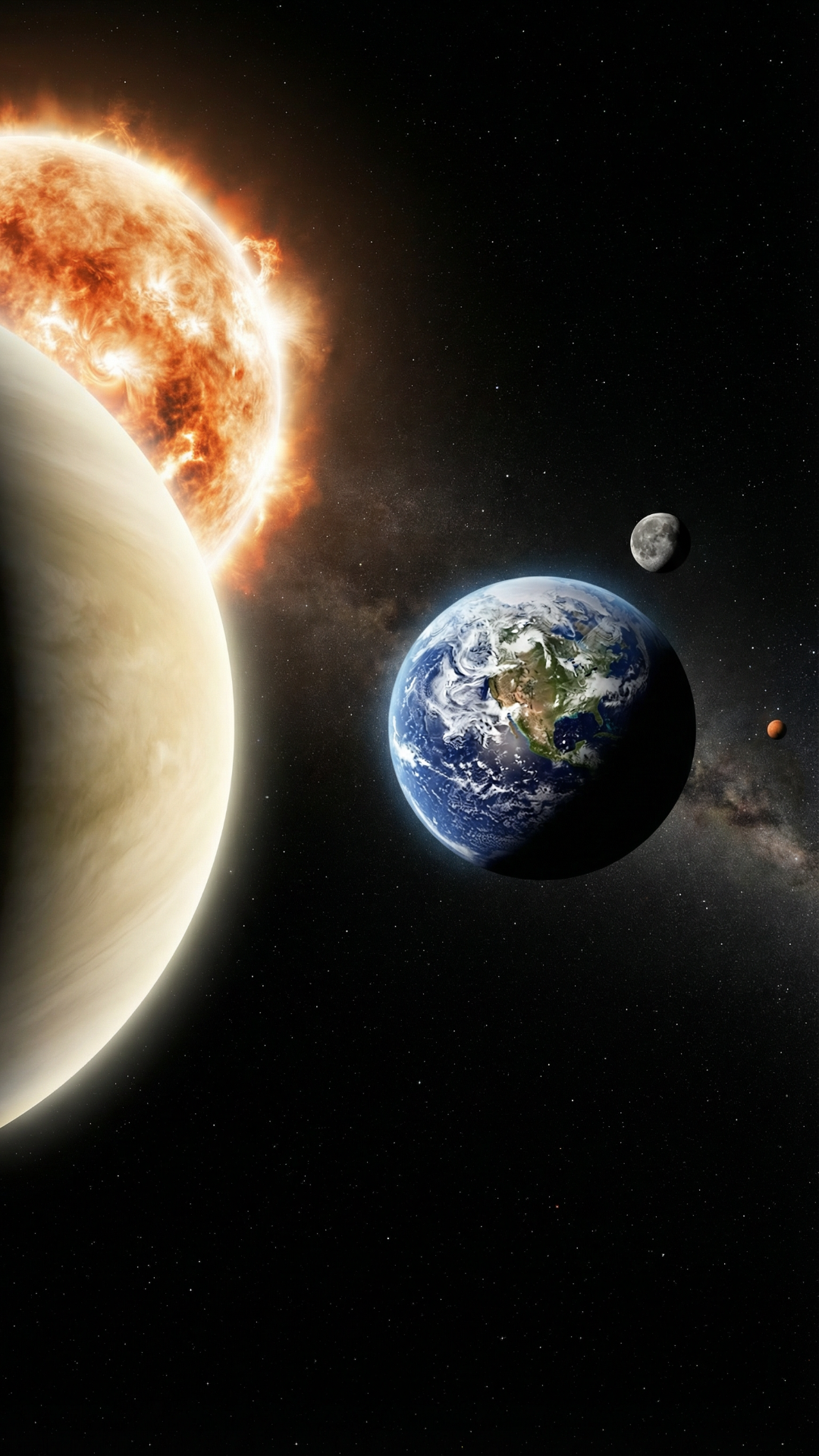 Show me the solar system from space , i want to see the full solar system going from the sun ,do this for all of planets or stars in the solar system that is relevant start from the sun to the edge of earths solar system create this interactive visual model , when showing any space entity/or planet make sure the next Planet or star is visible in the scene ,This is a Journey so we keep progression