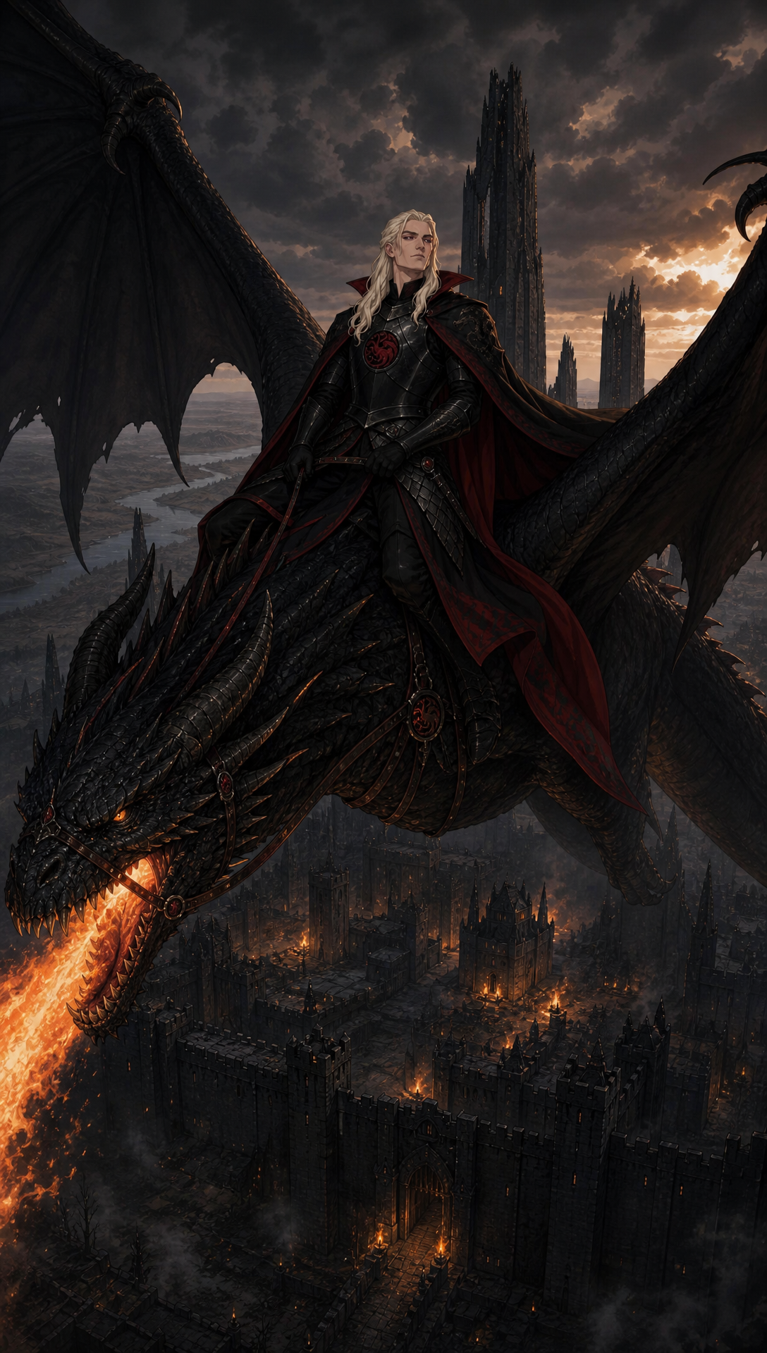 Update: 'show aegon before he started the war , then show the war what he cononquered in order and shwo the fianl boss fight scenes , then show him ruling and show his fsmily give hime personality a flambotant charcter adn show his sisters at relavnt part in cannon like i said check online
', Original prompt:'check online for actual story MAKE THIS A CINEMATIC STORY BEING NARRATED BY AEGON HIMSELF reflecting step by step and explaining his actions this is a draft -> The story world is Westeros during the era of Aegon the Conqueror’s unification of the Seven Kingdoms. The continent is fractured into multiple independent kingdoms plagued by centuries of bloodfeuds and warfare, each ruled by a lord entrenched in their own power struggles. Aegon Targaryen, a prince born of dragon blood, arrives with his two sister-wives, Visenya and Rhaenys, each bonded to massive dragons named Balerion, Vhagar, and Meraxes. These dragons are living weapons of immense power, capable of melting stone walls and darkening the skies with their wings.
The tone is epic, legendary, and primal, with themes of fire, war, conquest, unity forged from destruction, and the rise of a new order. The story arc follows Aegon’s campaign: the decisive destruction of Storm’s End and the death of King Argilac symbolizing the shattering of old powers; the pivotal Field of Fire where coalition armies are devastated by dragons; and the ultimate forging of a united realm under Aegon’s rule. The Iron Throne is a forged artifact from the swords of defeated foes, symbolizing brutal conquest but also the beginning of centralized governance. male sure to add the children Aegon Targaryen, had and what they became, who rulled next
The world’s rules emphasize the overwhelming dominance of dragons in warfare—sieges and armies alone cannot stand against them—and the interplay of political calculation where submission ensures survival. Aegon’s rule combines fearsome power with political wisdom, including reconciliation of rival houses and establishment of a new capital, King’s Landing. check online for actual story amd end with the next Ruler on the thrown '