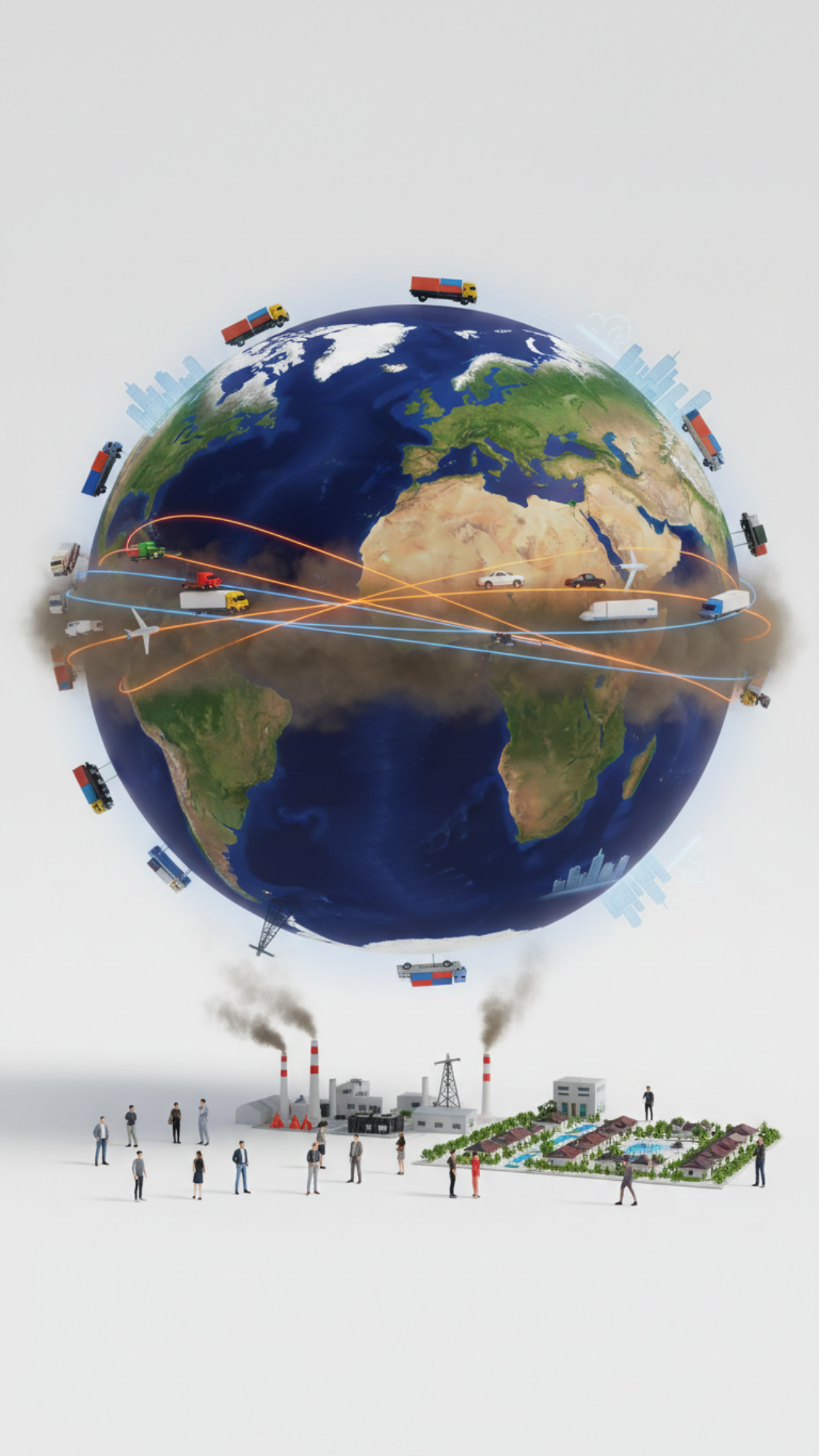 Give me an animated model of Earth, suspended in a white background environment. I want to see the polar ice caps and the climate change from its natural look to the various increase in the use of fossil fuels up to the current state today. So on these different versions of the globe, you need to visualize the people who lived on it, put a few people with the clothing of that era. Visualize the Arctic, the ice poles, North and South. I want to see how the water melts and also visualize the industrial usage of different equipments like cars, machinery. I want to see on the globe as they increase and visualize the effect it has on the climate on the globe from the start to the current stage we are now in climate, in the climate disaster. Make it visual, explain the changes to the earths atmosphere and climate overtime, make it educational