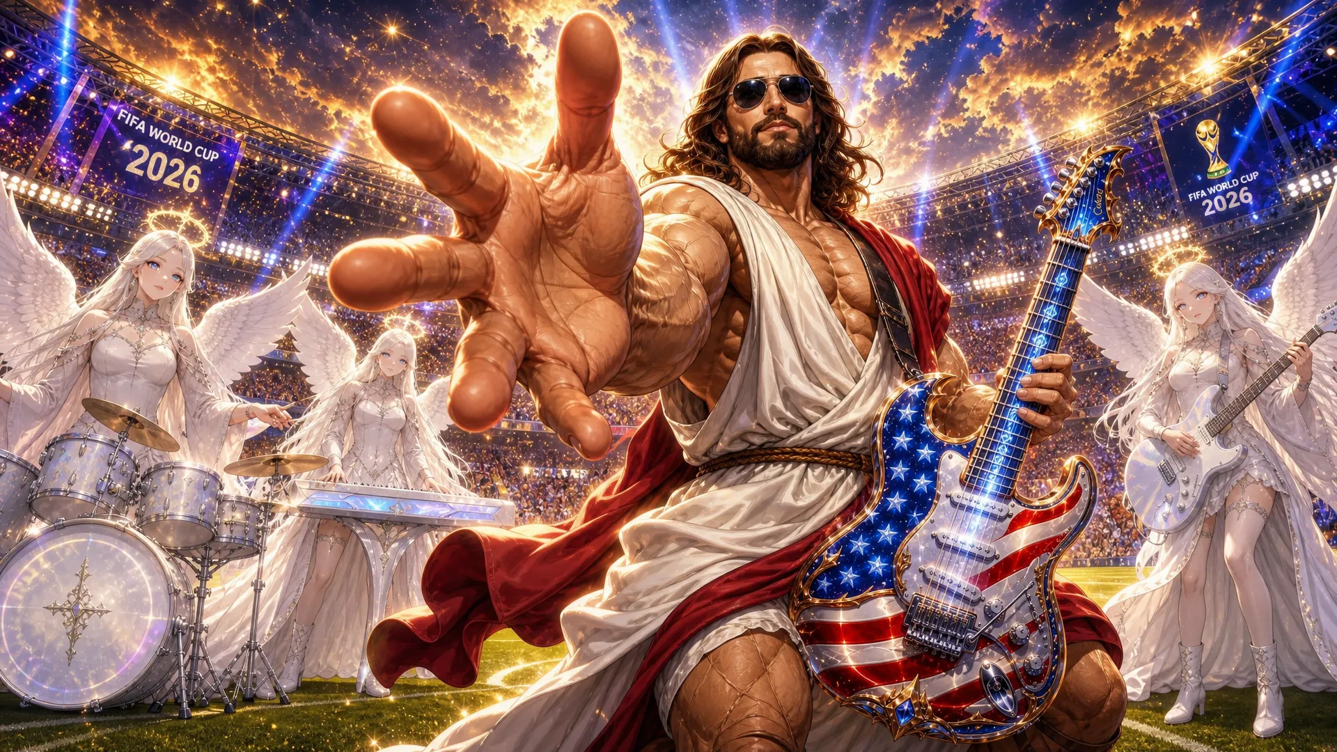 This is a highly passionate and energetic music Video with the topic being a very Muscular  and Huge jesus christ with a very big chest and massive arms appear in the world Cup staduim , on a stage the stage literally animmates from thing air in the stadium, then  a very Muscular  and Huge jesus christ is seen wearing his normal Robe garmet but with rebans glasses on and a usa all color heavenly guitar then he perfroms the intro of the song the crowd looks amazed in awe , some want to cry , then we me through the song with jesus in multiple scenario in a very high extreme intensional passion and extremely music and emotional high impact set of scenes as jesus came to perform this song in his quest for peace , external song will be added so this is in general a visual construction constraints for all multiple scenario scenes will be provided. JeSUS CHRIST has a guitar named Calibri(Guitar Calibri is all american flagged colored and has a heavenly look) song style from suno:'Arena rock anthem with a driving 4/4 beat at 130 BPM in the key of E major, Distorted electric guitars play palm-muted eighth-note power chords in the verses, opening up to sustained chords in the chorus, A prominent synth lead with a saw-wave texture doubles the vocal melody during the hook, The drums feature a heavy kick on every beat with a gated reverb snare on 2 and 4, A gritty bass guitar follows the kick drum pattern, Male vocals are delivered with a raspy, belt-style technique, supported by layered group harmonies in the chorus, The arrangement builds with rising synth risers and cymbal swells leading into the refrain' Scene 1: scene 1 this should have 3 stages , this will be an image with the outside of the stadium showing in a professional way and second shot should be a close up of the stage inside the staduim where jesus christ basically already half fazing in with his angelic band all (white scary looking and beautiful angels they have multi color filled eyes some have only bues hues etc some have all colors in eyes etc and look young and slender and long ) jesus christ half fazing in magically all white looking magic like whit beautifule shiny sandy dusts diamonds fazing in while holding his guitar and the rest of the band on their instrument they should be (3 angels) , then use the as a main as a main third stage jesus completely fades in then he starts singijng and dancing with his band emotionally and intensely , the beat just start and the instrument are going wild and the main attension is jesus christ here as he is doing a guitar solo intro the moment he is in view Scene 2: this has 3 stages he continues his guitar solo , finshes it then starts singing in the second stage he should walk close to the frame and sing to the frame very Upclose and personal (show he slightly far from the frame as a video model will be used on all scenes later as i would make the character walk to the frame then while sing for this scenario ) while he is singing i want realistic lo0king t rex dinosaurs to appear in with that white dust from the left and side of the stage these dinosaurs are all white colored and have gold hairs they have flours on their necks and are dancing intensely to the beats as they fazing in while jesus is still performing intensely Scene 3: he is still in the stadium performing the show and people in the crowd crying the jesus uses white dust and actually appears in Iran millary facility with mislles everywhere and small drones he is hovering and singing intensley while all of tarhanas soldiers all keeling just amazed in awe to see jesus all guns drop, jesus is still singing playing his guitar intensely with passion Scene 4: next He appears above new york on a beauitful spot in broadway singing intensely hovering , its afternoon and donald trump and president of china appear he looks at them while still playing his guitar as they acting like enemies , his face turns to a scary golden lion creation then they quickly hug (donald trump and chi jing ping) and jesus doing all this while still intensely playing his guitar and singing Scene 5: this now focusing on jesus as he is doing another solo in that same spot in newyork broadway but its evening time now there is heavy wind every where lights material and things things like around as the clouds get darker and thunder start striking in the skies all this while jesus still doing his guitar solo then at the end show a large silver rocket flying straight up into the skies with a big space X Logo on It Scene 6: Now Jesus Appears in The Stock Exchange and is singing intensley while money is every as all the stocks just keep going up people literally have money filling up the tables and blocking the way all numbers going up and jesus in the midel of this is sitted looking up and singing , then jeusu is seen performing and singing on skid row and the homeless people start getting clean white dust on their body each one of them a huge Gold bar magically appears in their hands Scene 7: next jesus is on a beach in Brazil , then Vladir mire putin and Zelenske of ukranie they appear he looks at them with that golden lionsih face again then they get scared and hugged themselves , then jesus stops playing for the first time as a boy was playing with a football then jesus starting playing football with the boy doing footstricks Scene 8: Here jesus hovers basically Up in the sky and he is back to playing his intrument and singing intensy he hovers so high every one could see him as he startied emitting light and it was dark , then jesus reach such intensity of the music he basic fazed himself into 6 places at once at the same time he was playing , locations in , africa, America, Australia, Asia, south america, Europe in all locations he was in while playing music massive proffits are being made money is coming in (like people have money running out of ther pockets cars and foods are replicating , houses are being replicated and given an heavenly look new stuctures are being created) Scene 9: then he finally goes back to the staduim in america it all started from his band is in the stage while he is on the field singing while still playing his trusted american flag colored guitar called 'Calibri ' and hamonizing with an heavenly choir as the are ending the somg as he plays the guitar in spaces and pauses they all scream [snare hits, full band enters] Ho! Ho! Ho! Ho!
Caption
