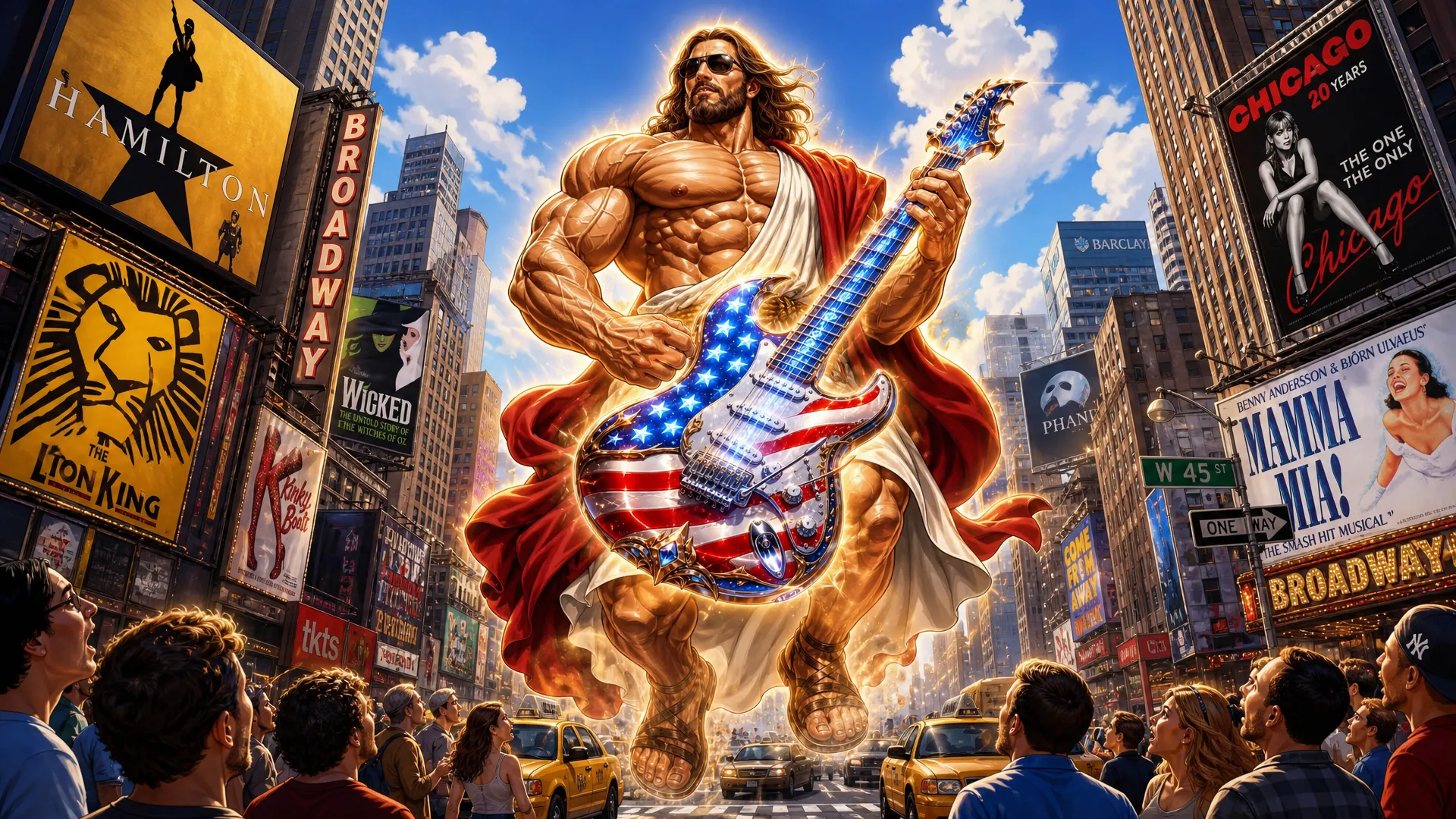 This is a highly passionate and energetic music Video with the topic being a very Muscular  and Huge jesus christ with a very big chest and massive arms appear in the world Cup staduim , on a stage the stage literally animmates from thing air in the stadium, then  a very Muscular  and Huge jesus christ is seen wearing his normal Robe garmet but with rebans glasses on and a usa all color heavenly guitar then he perfroms the intro of the song the crowd looks amazed in awe , some want to cry , then we me through the song with jesus in multiple scenario in a very high extreme intensional passion and extremely music and emotional high impact set of scenes as jesus came to perform this song in his quest for peace , external song will be added so this is in general a visual construction constraints for all multiple scenario scenes will be provided. JeSUS CHRIST has a guitar named Calibri(Guitar Calibri is all american flagged colored and has a heavenly look) song style from suno:'Arena rock anthem with a driving 4/4 beat at 130 BPM in the key of E major, Distorted electric guitars play palm-muted eighth-note power chords in the verses, opening up to sustained chords in the chorus, A prominent synth lead with a saw-wave texture doubles the vocal melody during the hook, The drums feature a heavy kick on every beat with a gated reverb snare on 2 and 4, A gritty bass guitar follows the kick drum pattern, Male vocals are delivered with a raspy, belt-style technique, supported by layered group harmonies in the chorus, The arrangement builds with rising synth risers and cymbal swells leading into the refrain' Scene 1: scene 1 this should have 3 stages , this will be an image with the outside of the stadium showing in a professional way and second shot should be a close up of the stage inside the staduim where jesus christ basically already half fazing in with his angelic band all (white scary looking and beautiful angels they have multi color filled eyes some have only bues hues etc some have all colors in eyes etc and look young and slender and long ) jesus christ half fazing in magically all white looking magic like whit beautifule shiny sandy dusts diamonds fazing in while holding his guitar and the rest of the band on their instrument they should be (3 angels) , then use the as a main as a main third stage jesus completely fades in then he starts singijng and dancing with his band emotionally and intensely , the beat just start and the instrument are going wild and the main attension is jesus christ here as he is doing a guitar solo intro the moment he is in view Scene 2: this has 3 stages he continues his guitar solo , finshes it then starts singing in the second stage he should walk close to the frame and sing to the frame very Upclose and personal (show he slightly far from the frame as a video model will be used on all scenes later as i would make the character walk to the frame then while sing for this scenario ) while he is singing i want realistic lo0king t rex dinosaurs to appear in with that white dust from the left and side of the stage these dinosaurs are all white colored and have gold hairs they have flours on their necks and are dancing intensely to the beats as they fazing in while jesus is still performing intensely Scene 3: he is still in the stadium performing the show and people in the crowd crying the jesus uses white dust and actually appears in Iran millary facility with mislles everywhere and small drones he is hovering and singing intensley while all of tarhanas soldiers all keeling just amazed in awe to see jesus all guns drop, jesus is still singing playing his guitar intensely with passion Scene 4: next He appears above new york on a beauitful spot in broadway singing intensely hovering , its afternoon and donald trump and president of china appear he looks at them while still playing his guitar as they acting like enemies , his face turns to a scary golden lion creation then they quickly hug (donald trump and chi jing ping) and jesus doing all this while still intensely playing his guitar and singing Scene 5: this now focusing on jesus as he is doing another solo in that same spot in newyork broadway but its evening time now there is heavy wind every where lights material and things things like around as the clouds get darker and thunder start striking in the skies all this while jesus still doing his guitar solo then at the end show a large silver rocket flying straight up into the skies with a big space X Logo on It Scene 6: Now Jesus Appears in The Stock Exchange and is singing intensley while money is every as all the stocks just keep going up people literally have money filling up the tables and blocking the way all numbers going up and jesus in the midel of this is sitted looking up and singing , then jeusu is seen performing and singing on skid row and the homeless people start getting clean white dust on their body each one of them a huge Gold bar magically appears in their hands Scene 7: next jesus is on a beach in Brazil , then Vladir mire putin and Zelenske of ukranie they appear he looks at them with that golden lionsih face again then they get scared and hugged themselves , then jesus stops playing for the first time as a boy was playing with a football then jesus starting playing football with the boy doing footstricks Scene 8: Here jesus hovers basically Up in the sky and he is back to playing his intrument and singing intensy he hovers so high every one could see him as he startied emitting light and it was dark , then jesus reach such intensity of the music he basic fazed himself into 6 places at once at the same time he was playing , locations in , africa, America, Australia, Asia, south america, Europe in all locations he was in while playing music massive proffits are being made money is coming in (like people have money running out of ther pockets cars and foods are replicating , houses are being replicated and given an heavenly look new stuctures are being created) Scene 9: then he finally goes back to the staduim in america it all started from his band is in the stage while he is on the field singing while still playing his trusted american flag colored guitar called 'Calibri ' and hamonizing with an heavenly choir as the are ending the somg as he plays the guitar in spaces and pauses they all scream [snare hits, full band enters] Ho! Ho! Ho! Ho!
Caption
