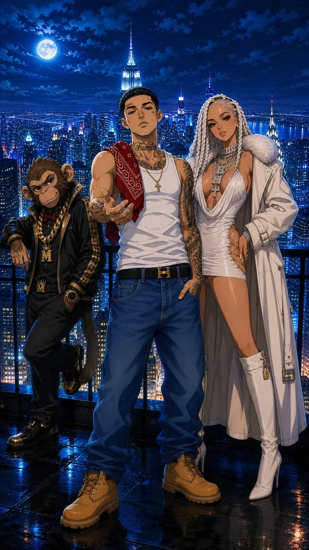 create this music video for me , THe main characters Dora (, light skin latino , rebelious classy lady with skinny build White Braided her usually where a fashionable coat, with a short skimpy dresss beneath, with Luxury high Boots, she usally where lots of dianond in form of chains on her neck ), Monkey Jabo is a Normal meduim sized monkey that works on two feet like a human being would and always has a chain on his neck , sometimes he where a jacket and watch and chain he is dORA'S bEst friend. then lastly Rio is a latino guy , who is the star of this and is singing about Dora (Rio is a slim build latino Guy who lloks like he was workig for the cartel he has taottos on his face and changes between cartel underlyn look to a suit sometimes ) the premise is he tried to save dora by husting but she made it on her own and is now helping him name of song 'GO DORA'
Scene 1: Rio and Dora on a roof top in newyork with chilling while money is looking over the city while leaning on the rail , then it zooms in to Rio Looking at the camera and singing , while dora is slightly in frame as she was close to him rio on his cartel out fit (white tank top red bandana jenas and timberland boots)
Scene 2: rio stands on taht Roof ToP and starts singing , with Dora still sitting down and Rio and Monkey rio on his cartel out fit (white tank top red bandana jenas and timberland boots) and singing and feeling them selves wakling stylishly singing as rio is singing money is behind feeling the song
Scene 3: Now this is a shot of 3 of them on aplane , start with Rio wallking in the plane dressed in A sharp suit , next he is sitting with Dora in the plane with rio to the left and dora to the right and then monkey actual on dora's laps smoking a cigar
Scene 4: Next 3 of them are in a all white get up and each of them wears a unique white jacket , Rio is Upsing while dora is now dancing to the song and Monkey is also there dancing feeling him slef like a boos tese are subltle hip hop style gandster moverments slowly moving and walking around to the song but during Rio is singing (Location a snowy Runied Looking Location they are on a helicopter with an luxury Helicopter Right behind them ), then show Rio driving a ferrari sider on a suburban street in the uk called wigan the ferrari is convertible with roof dropped so Rio is visble in the car
Scene 5: On this scene Rio is about to get i the helicoper while Dora is alreday o and visible , rio is singing to the camera walking to the helicopter in style while moneky is also on view with both hands up in the air next to the mountain lege make this close up high perpesctive shot , then show monkey intrude on the camera final and starts Bopping his head to the users like they should listen this is a close up shot
Scene 6: They at an African Village in Kenya , and Dora and dora is giving meals to school children , then they are at a youth tech innovation center dora created for youths in the usa beinging maga and democrats youth together, this will show dora and rio actually livig and how they spend their lives no singing from rio also add monkey in each of these scenes also helping out
Scene 7: THEY BOTH IS THIER MANSION AS Rio is by the side singing in his cartel clothing , while Dora is signing a guge deal with abunch of old men money is also sitted at the table wearing a Bow tie (no chain here), then next dora is standing and dances to rio with confidence in a sexy way
Scene 8: Dora and Rio climbing the empire state building with mokey far ahead in the lead, then the 2 of them satnd at the Top with monkey handing stylfully from the side of the structure , Rio and Dora hold ecah others hands
Scene 9: On the Top of the Tower Rio is sqauuted down looking at the camera, dora standing in a sexy way with MonEY next to her with arms Folded