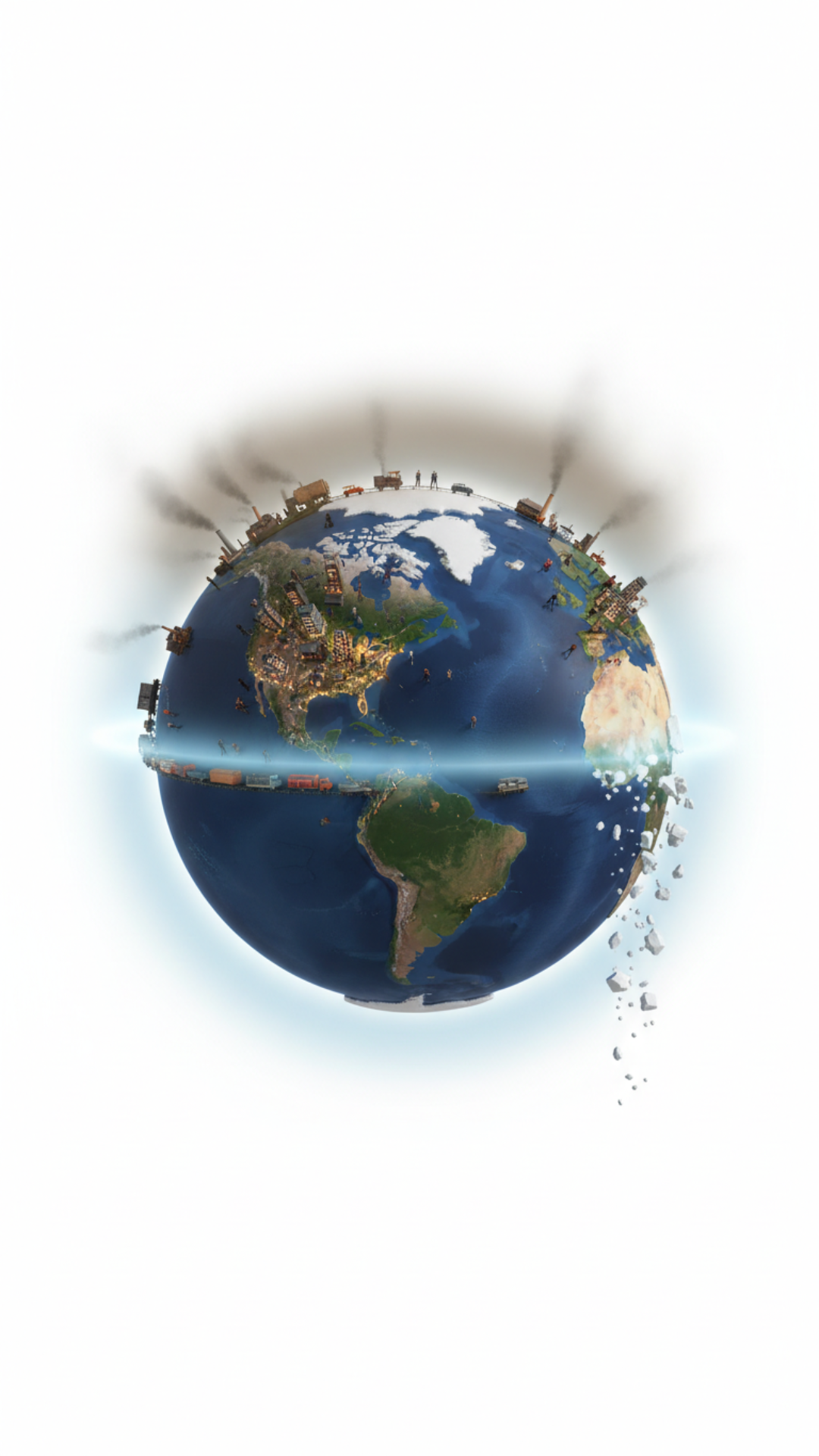 Give me an animated model of Earth, suspended in a white background environment. I want to see the polar ice caps and the climate change from its natural look to the various increase in the use of fossil fuels up to the current state today. So on these different versions of the globe, you need to visualize the people who lived on it, put a few people with the clothing of that era. Visualize the Arctic, the ice poles, North and South. I want to see how the water melts and also visualize the industrial usage of different equipments like cars, machinery. I want to see on the globe as they increase and visualize the effect it has on the climate on the globe from the start to the current stage we are now in climate, in the climate disaster. Make it visual, explain the changes to the earths atmosphere and climate overtime, make it educational