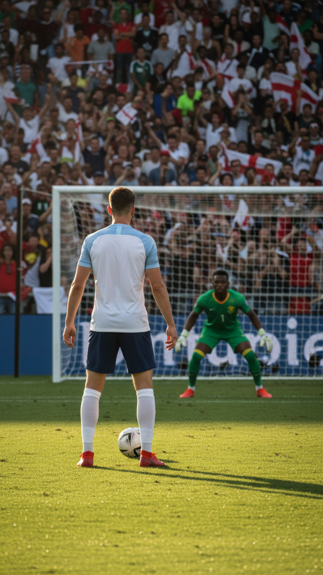 A Footballer(england) is about to take a penalty kick (3rd person video game style view with footballer's back to the frame) England vs SouthAfrica , he stands in front of the ball , he runs towards the ball about to kick right, e runs towards the ball about to kick it left
