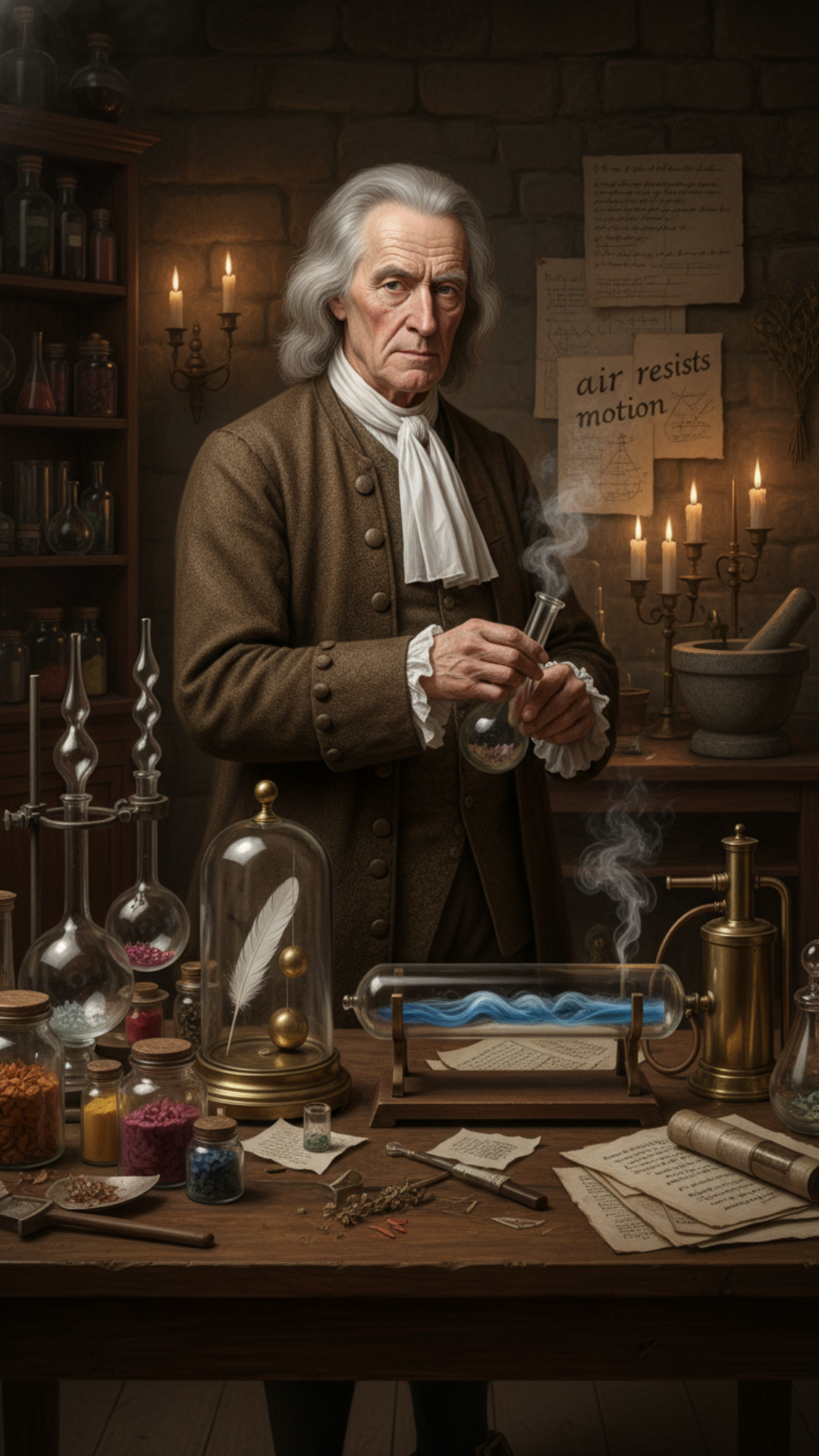Pretend you are Sir Isaac Newton and explain seven of your greatest discoveries to me. The location should be his known home. in his laboratory and he should have an experimental display explaining each of these discoveries he has made in his life , only character on scene is Issac Newton