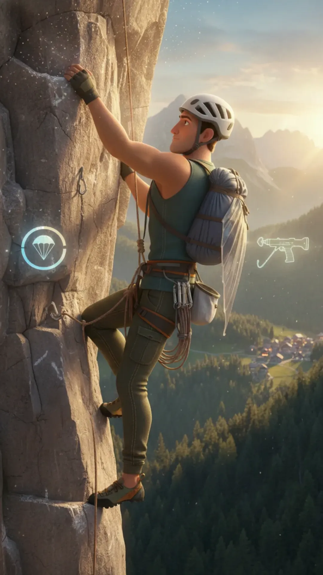 Give me a rock climbing style for a realistic ray tracing video game. The playable character is on the wall, his back facing the frame. It's high, very high. Display two icons for a parachute and a hook. Or grappling hook. As the first scene. Second scene, the guy uses the grappling hook, to launch himself to the top of that same mountain. Same look. And for the third scene, he detaches, uses his parachute and jumps down to the safety of the ground. Or the forest below. Pick a location.